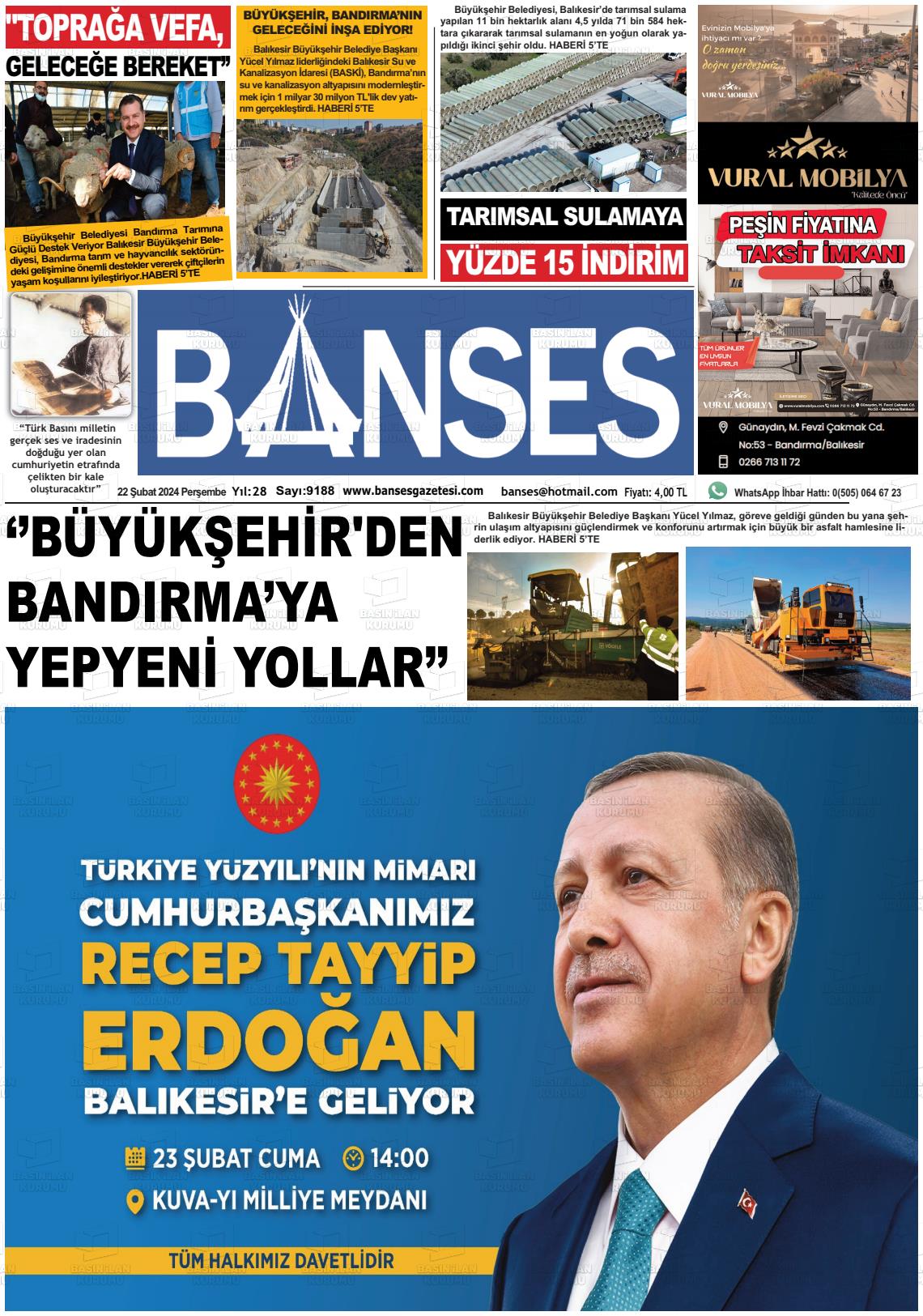 22 Şubat 2024 Banses Gazete Manşeti