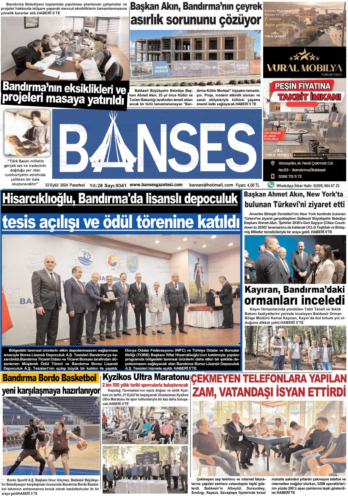 23 Eylül 2024 Banses Gazete Manşeti