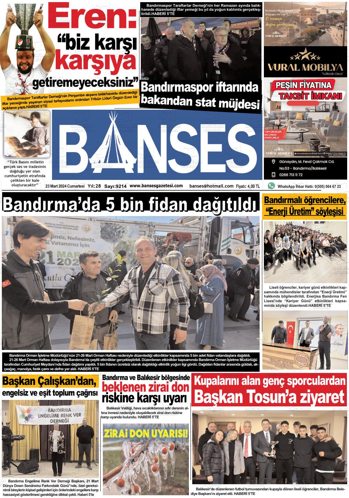 23 Mart 2024 Banses Gazete Manşeti