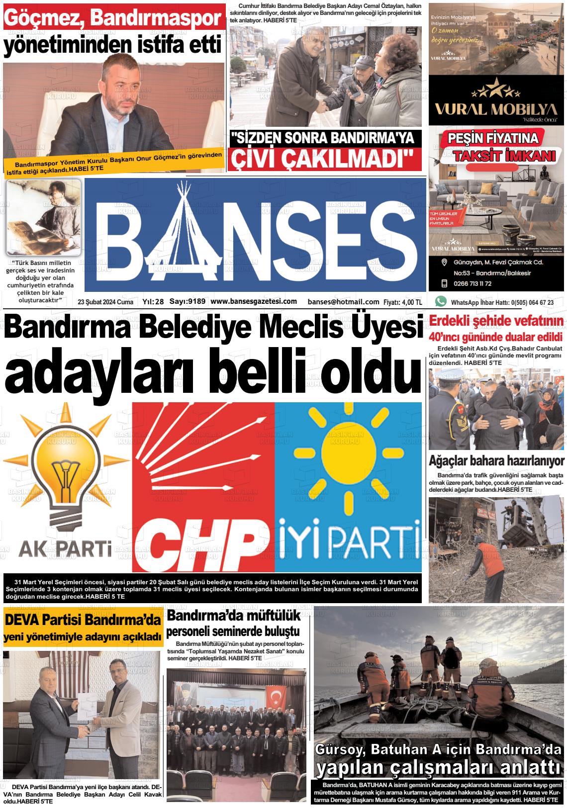 23 Şubat 2024 Banses Gazete Manşeti