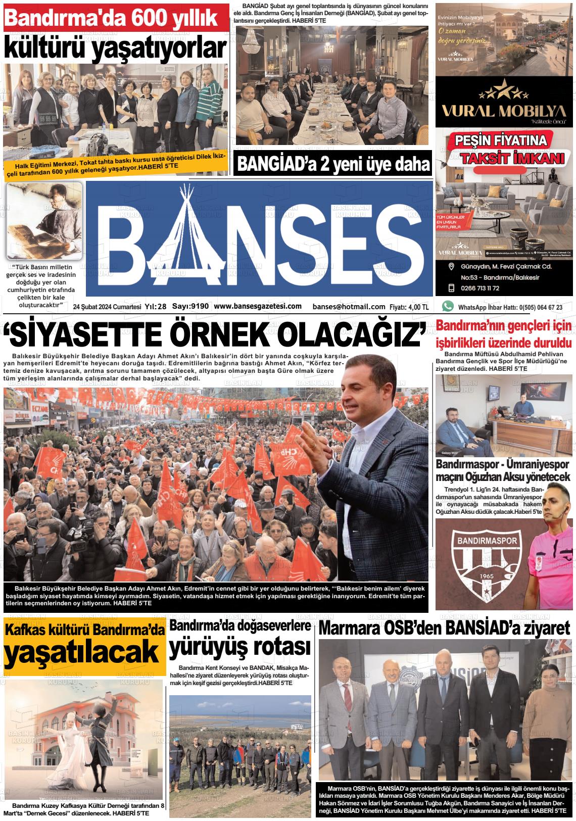 24 Şubat 2024 Banses Gazete Manşeti