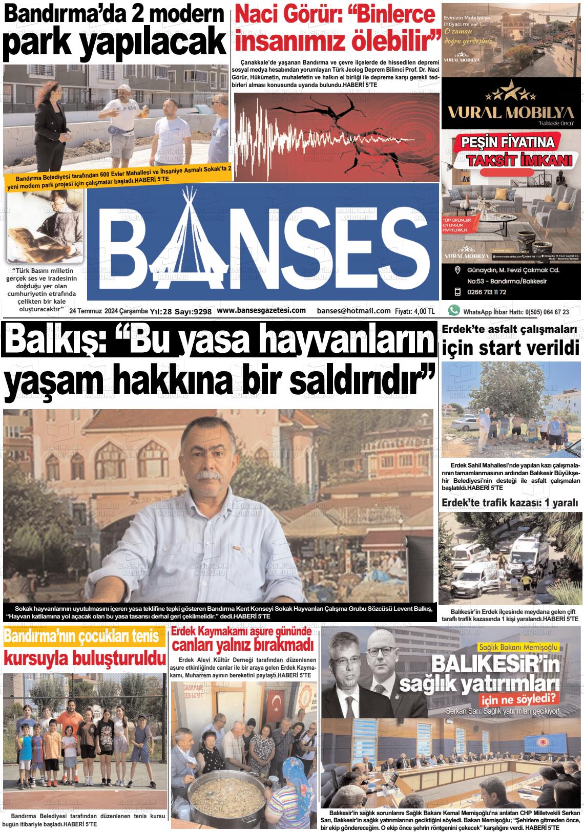 24 Temmuz 2024 Banses Gazete Manşeti