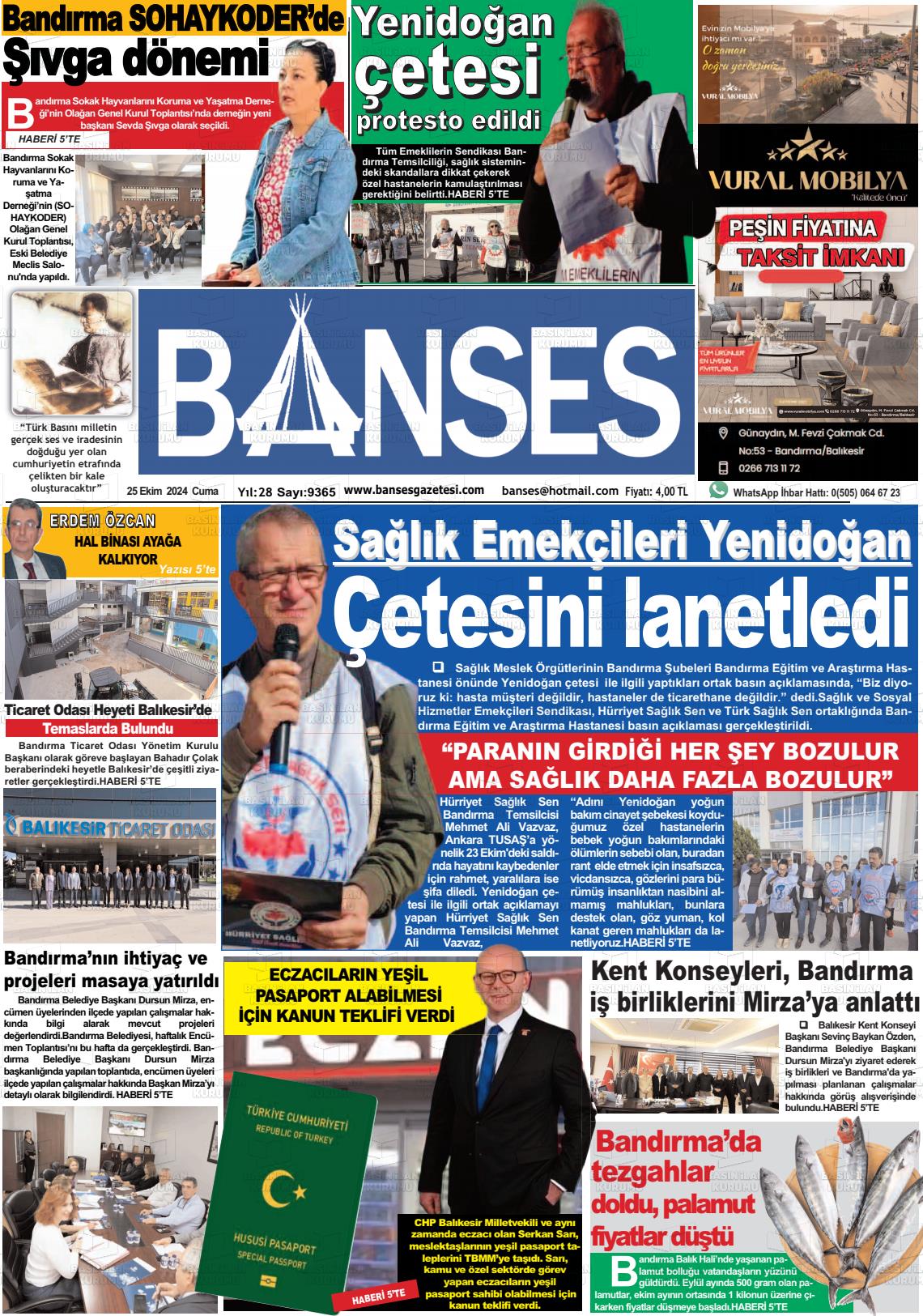 25 Ekim 2024 Banses Gazete Manşeti