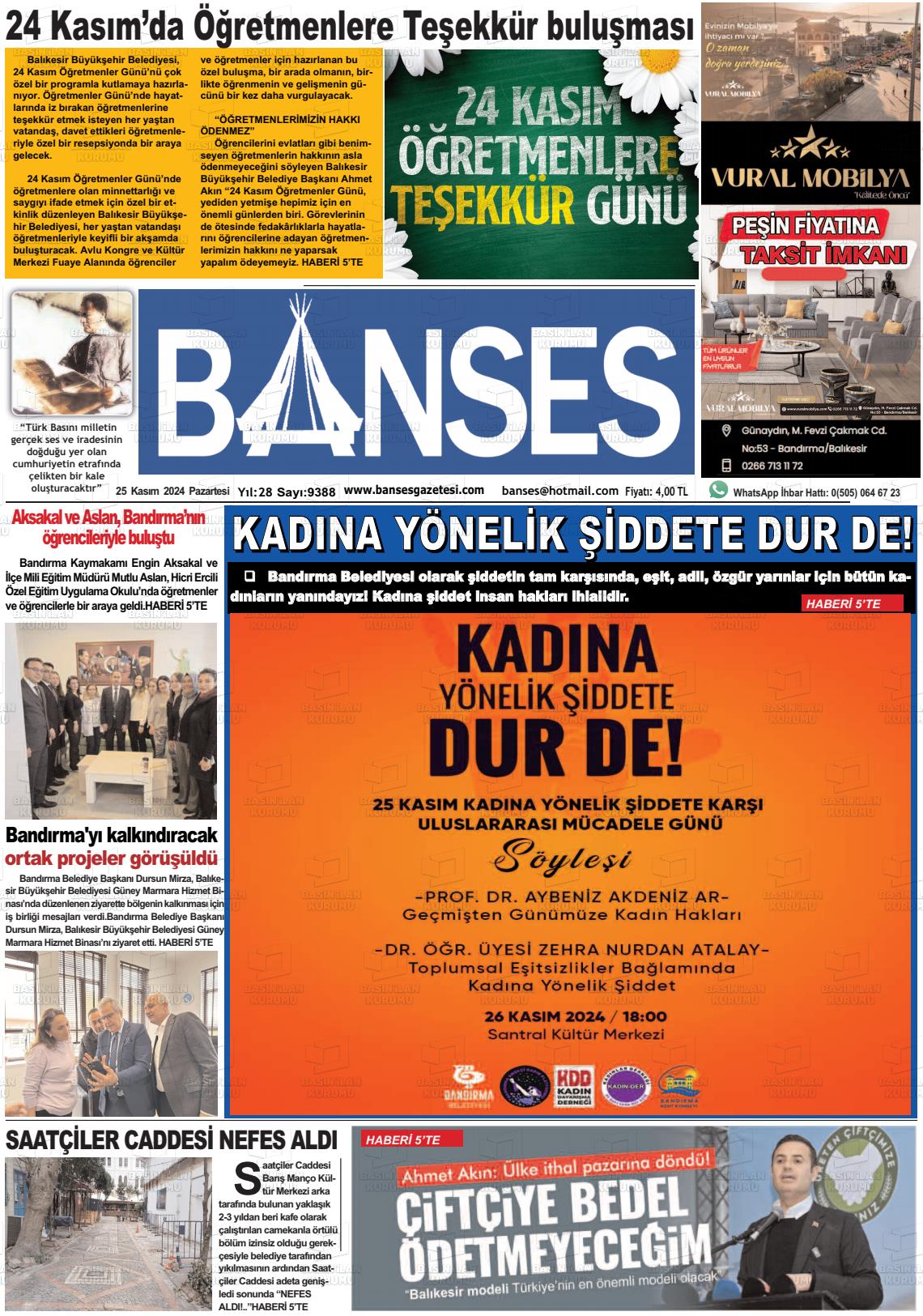 25 Kasım 2024 Banses Gazete Manşeti