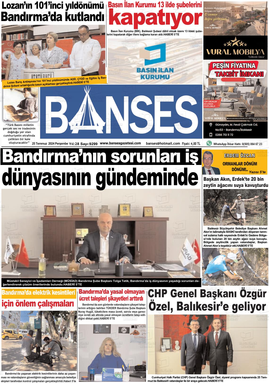 25 Temmuz 2024 Banses Gazete Manşeti