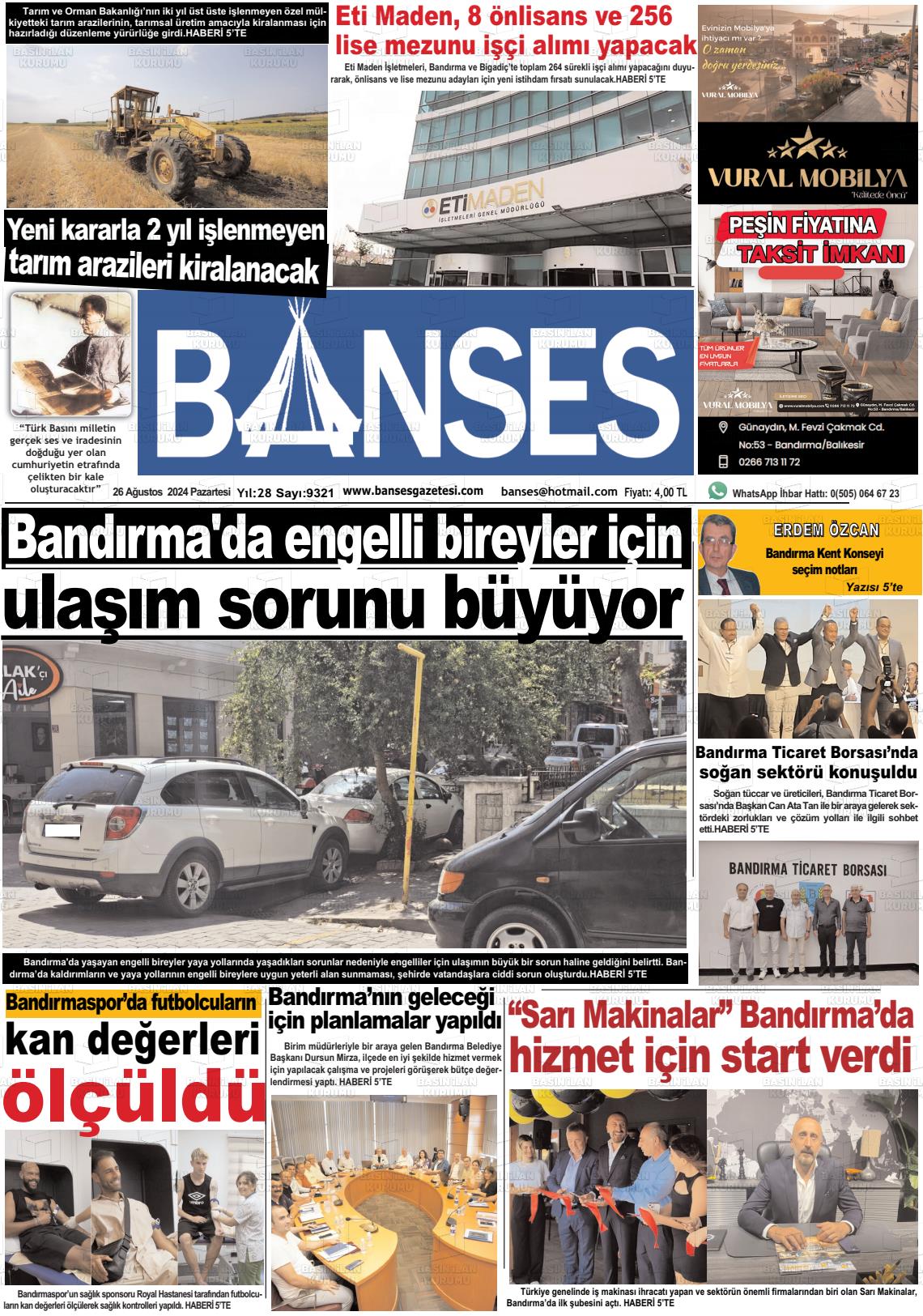 26 Ağustos 2024 Banses Gazete Manşeti