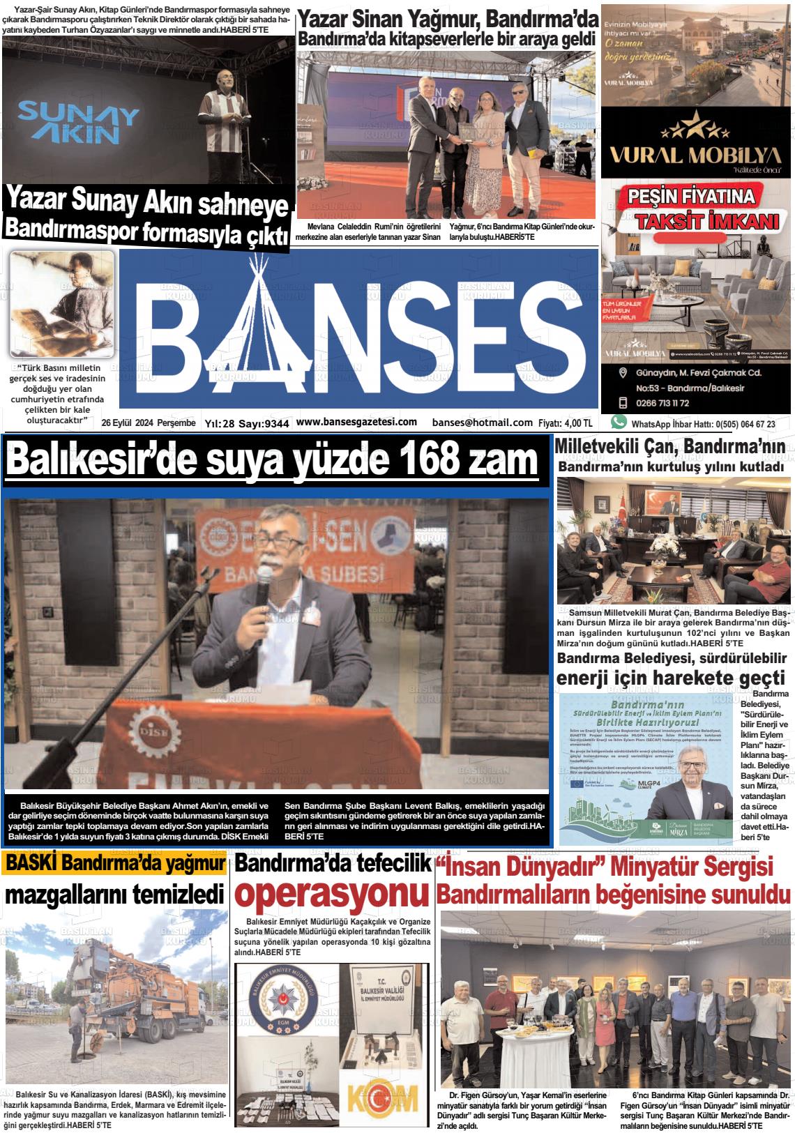 26 Eylül 2024 Banses Gazete Manşeti