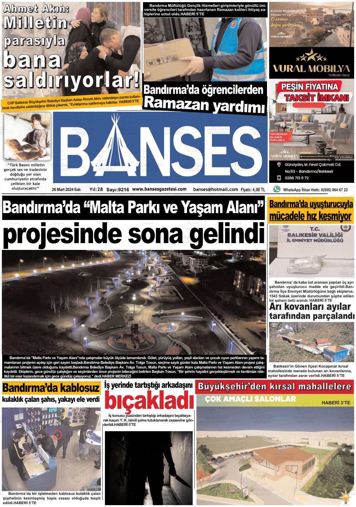 26 Mart 2024 Banses Gazete Manşeti