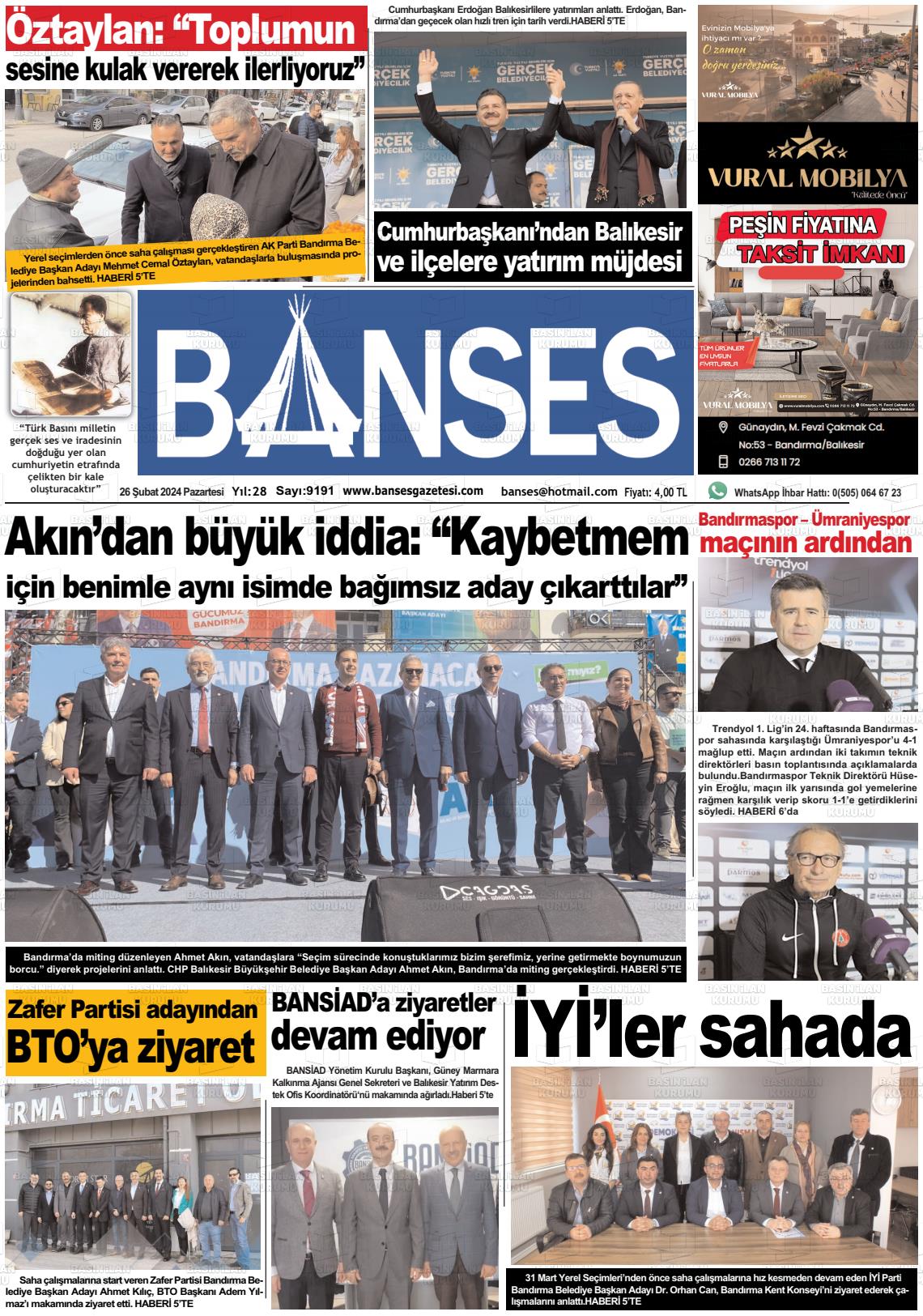 26 Şubat 2024 Banses Gazete Manşeti