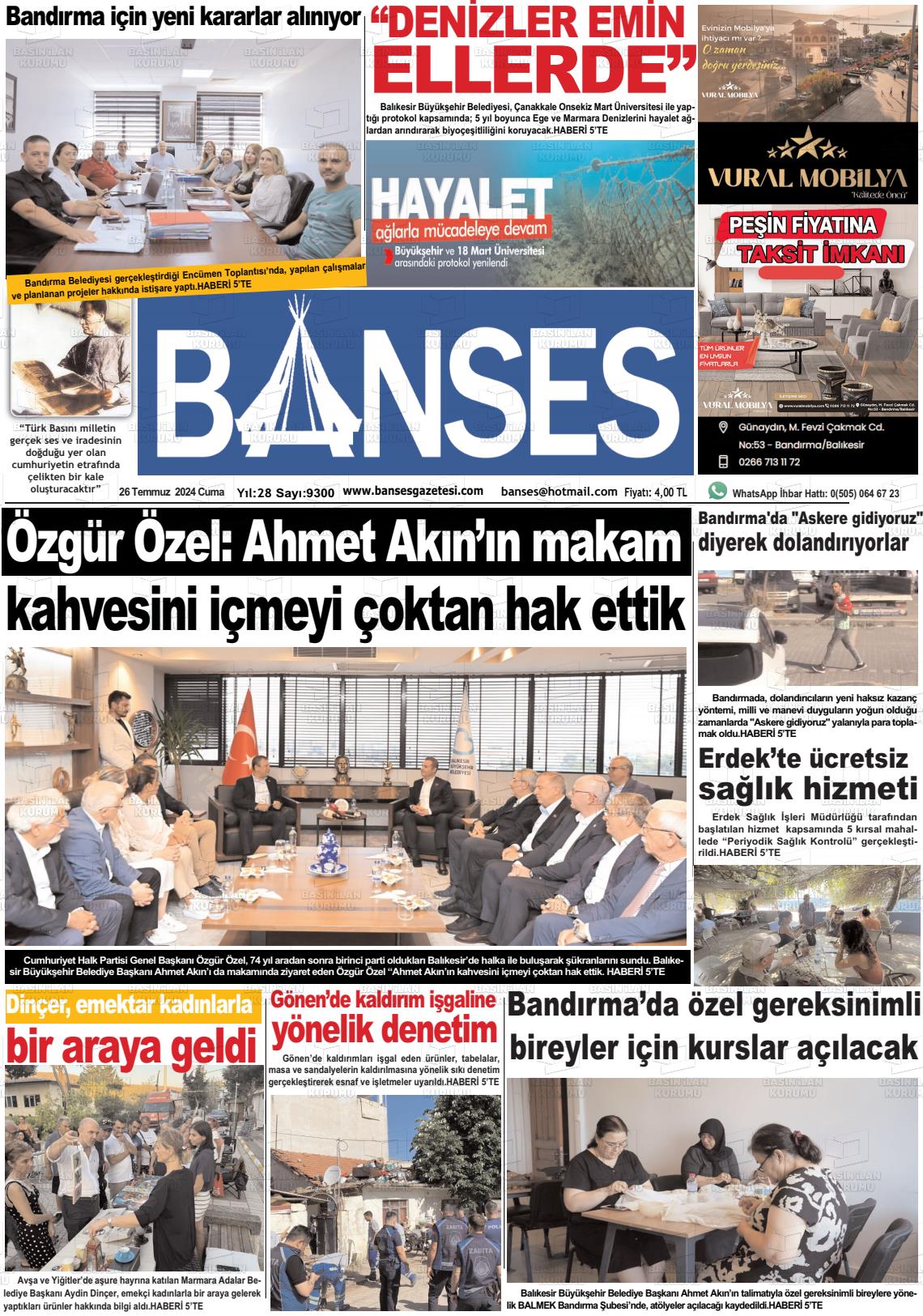 26 Temmuz 2024 Banses Gazete Manşeti