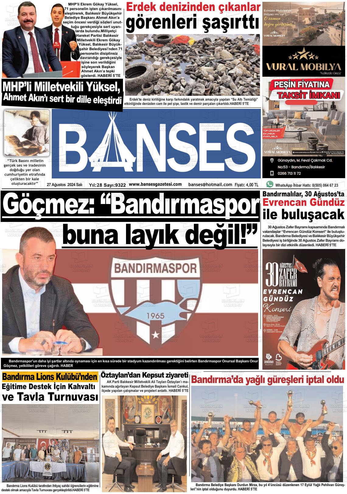 27 Ağustos 2024 Banses Gazete Manşeti