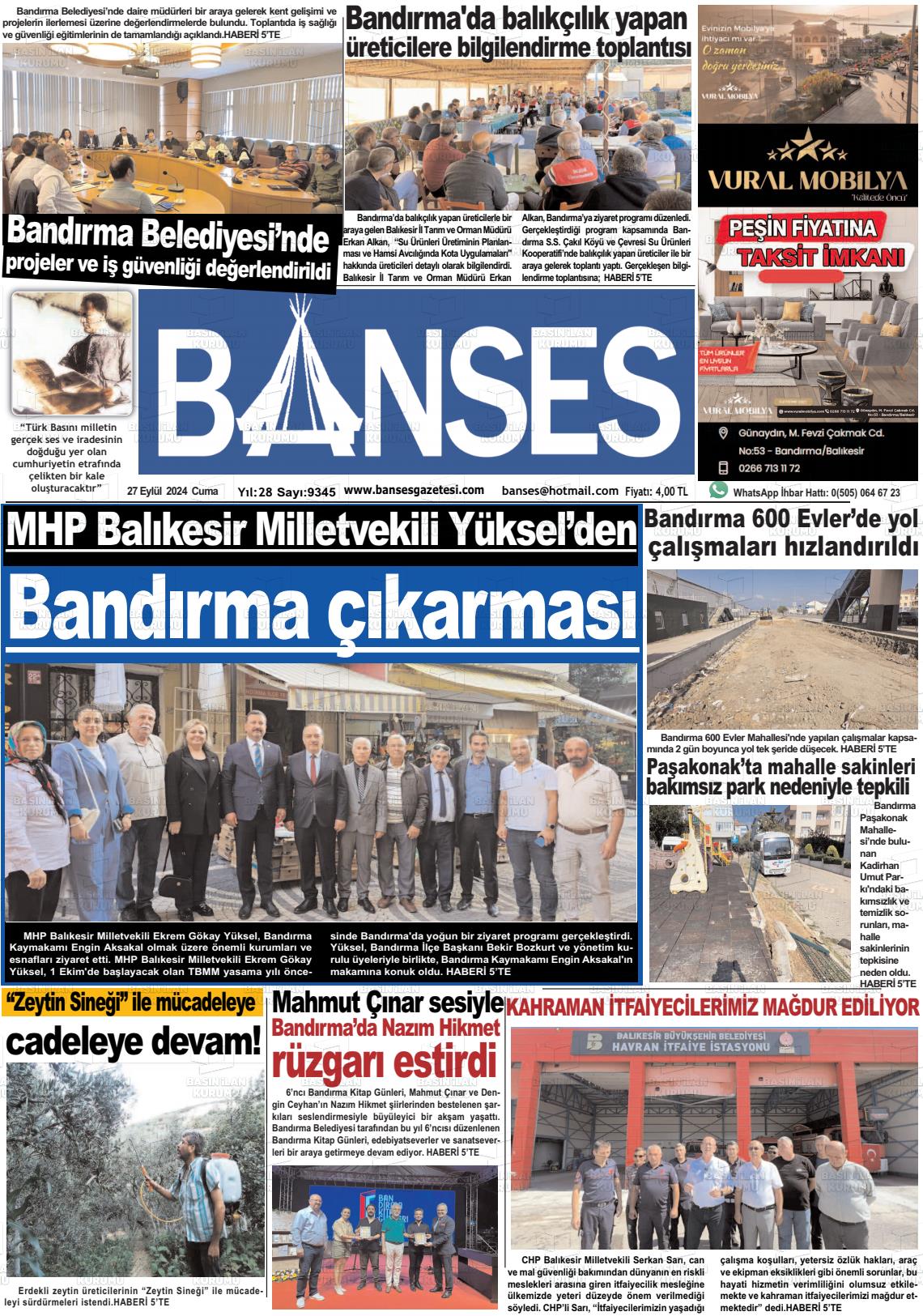 27 Eylül 2024 Banses Gazete Manşeti