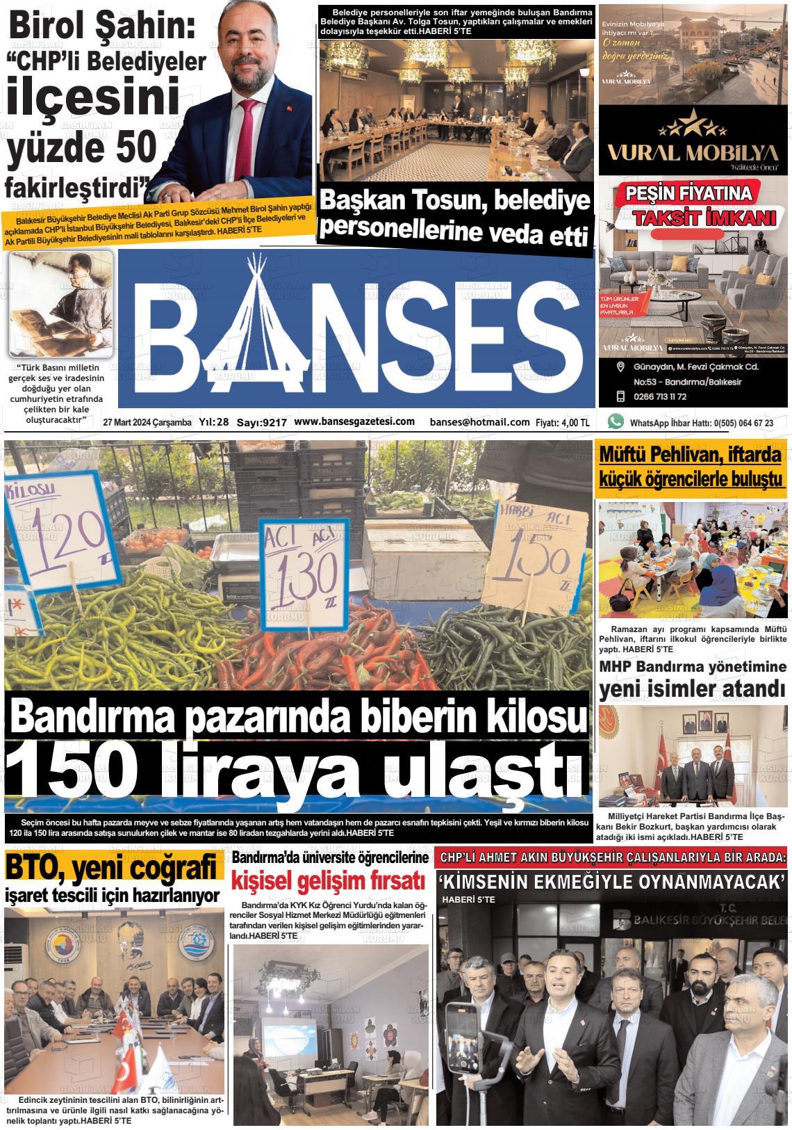 27 Mart 2024 Banses Gazete Manşeti