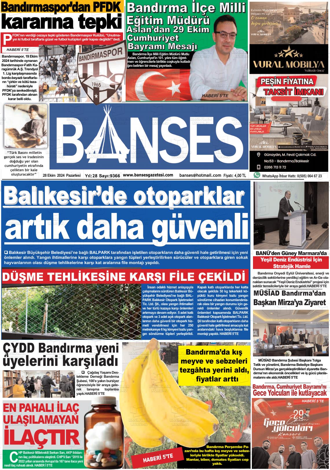 28 Ekim 2024 Banses Gazete Manşeti