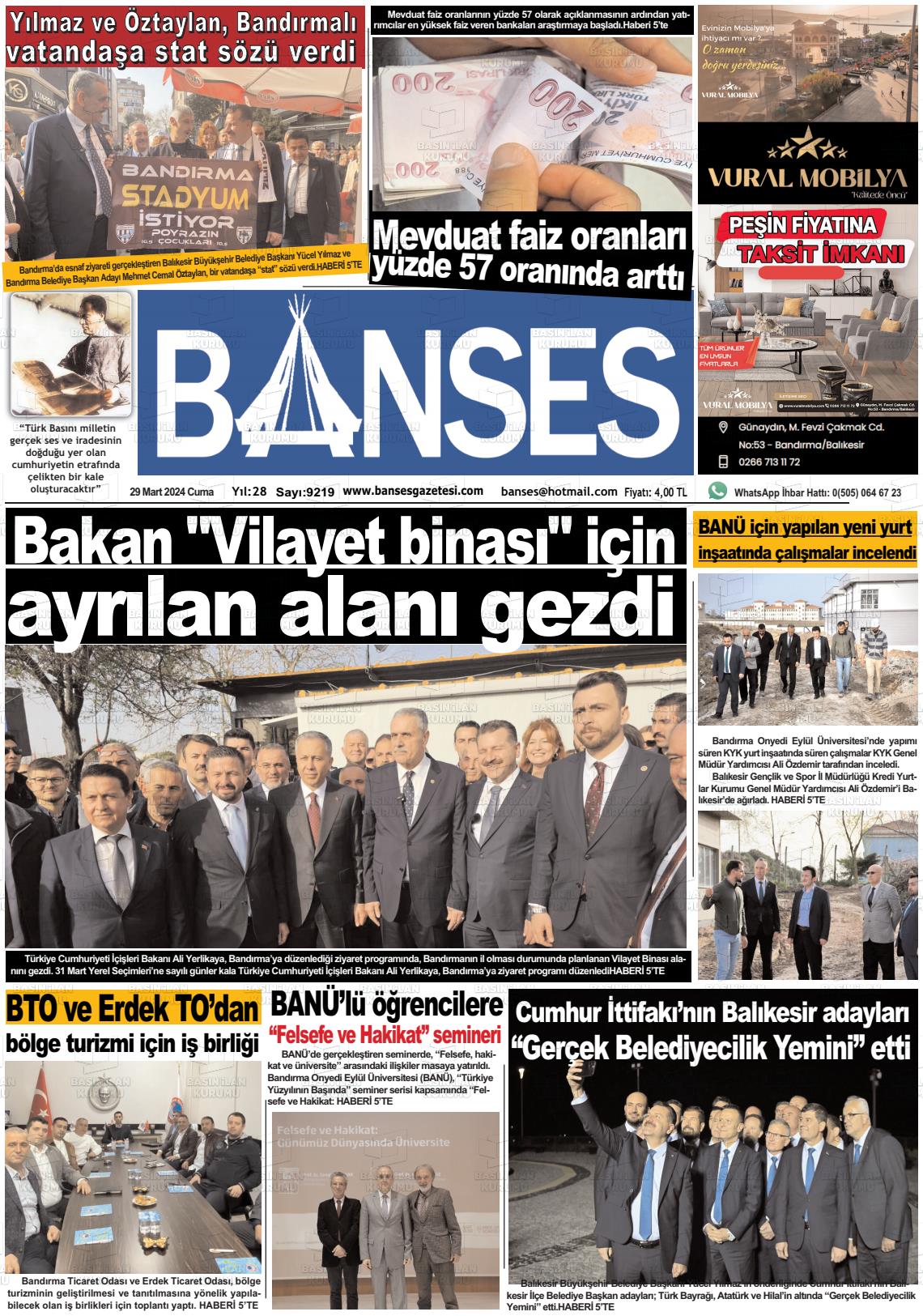 29 Mart 2024 Banses Gazete Manşeti