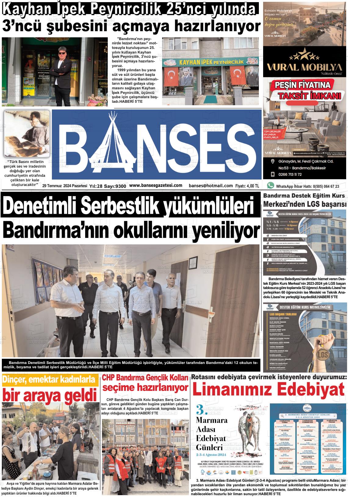 29 Temmuz 2024 Banses Gazete Manşeti