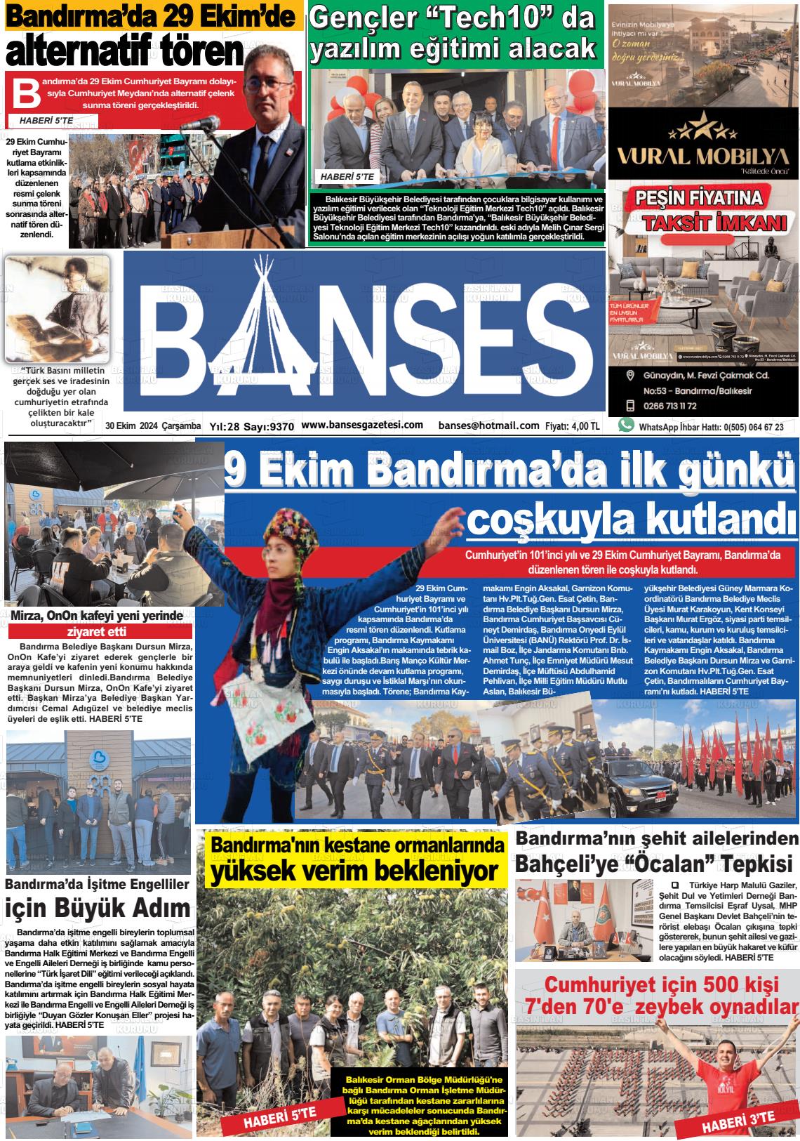 30 Ekim 2024 Banses Gazete Manşeti