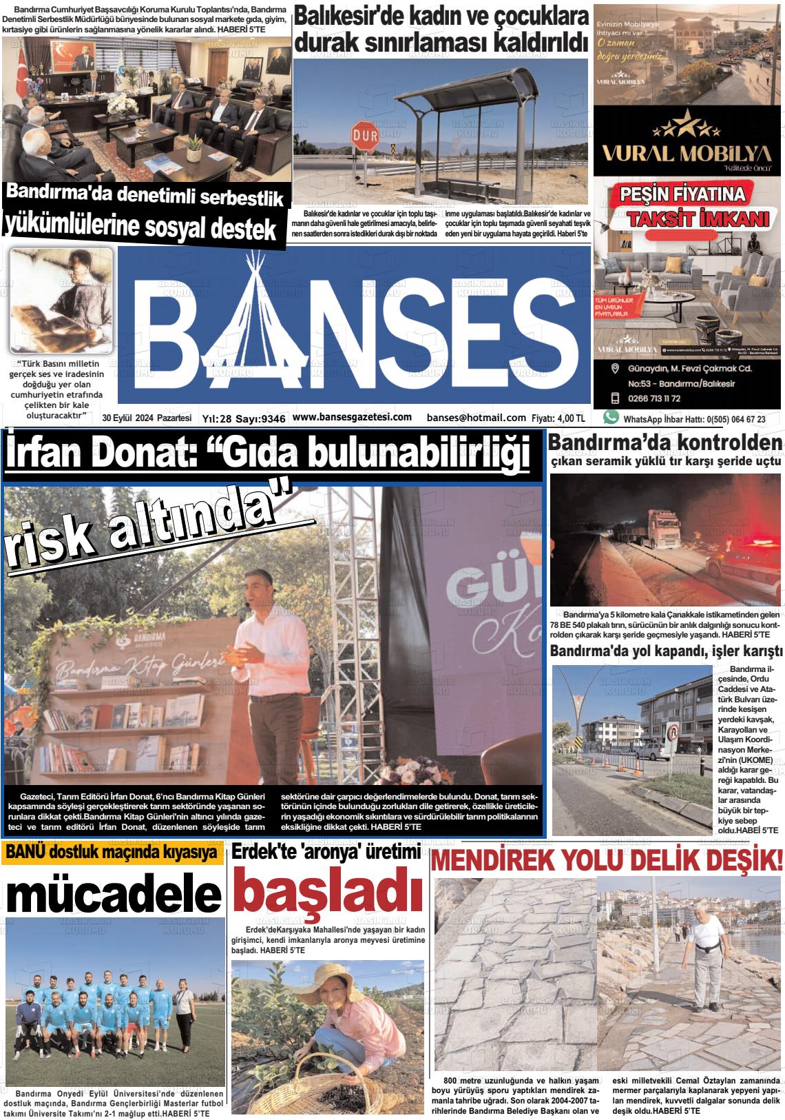 30 Eylül 2024 Banses Gazete Manşeti