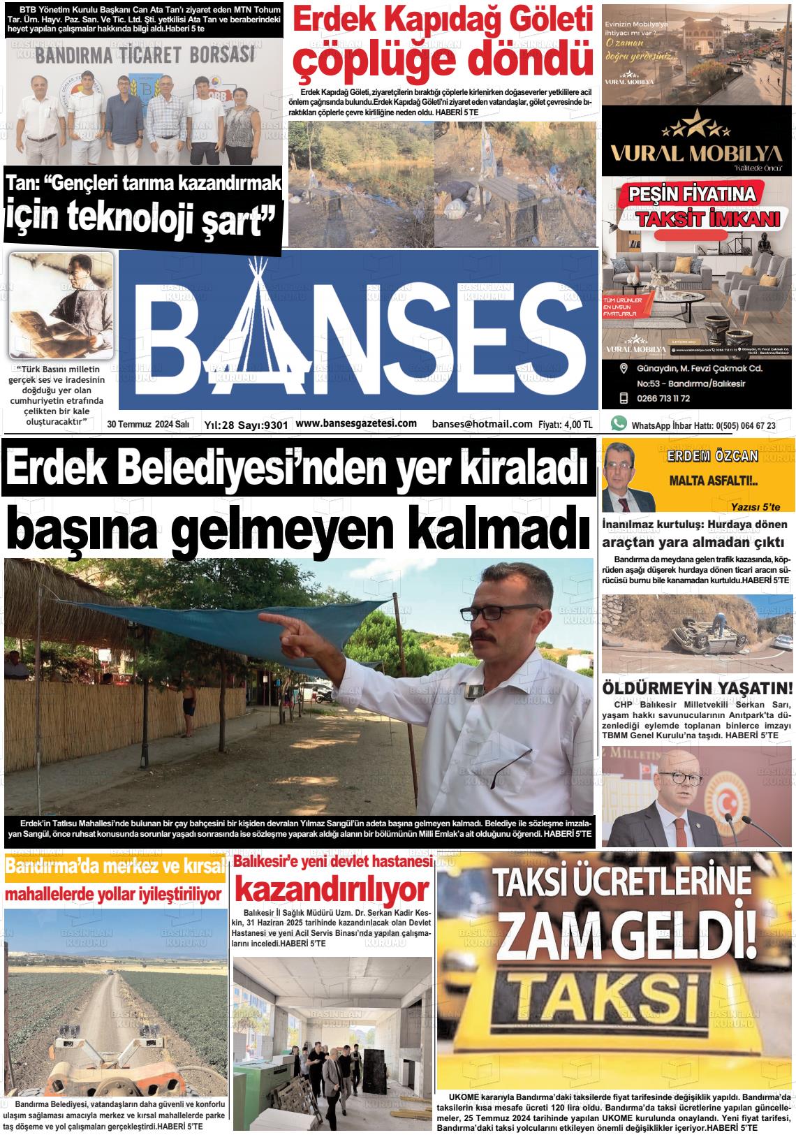 30 Temmuz 2024 Banses Gazete Manşeti