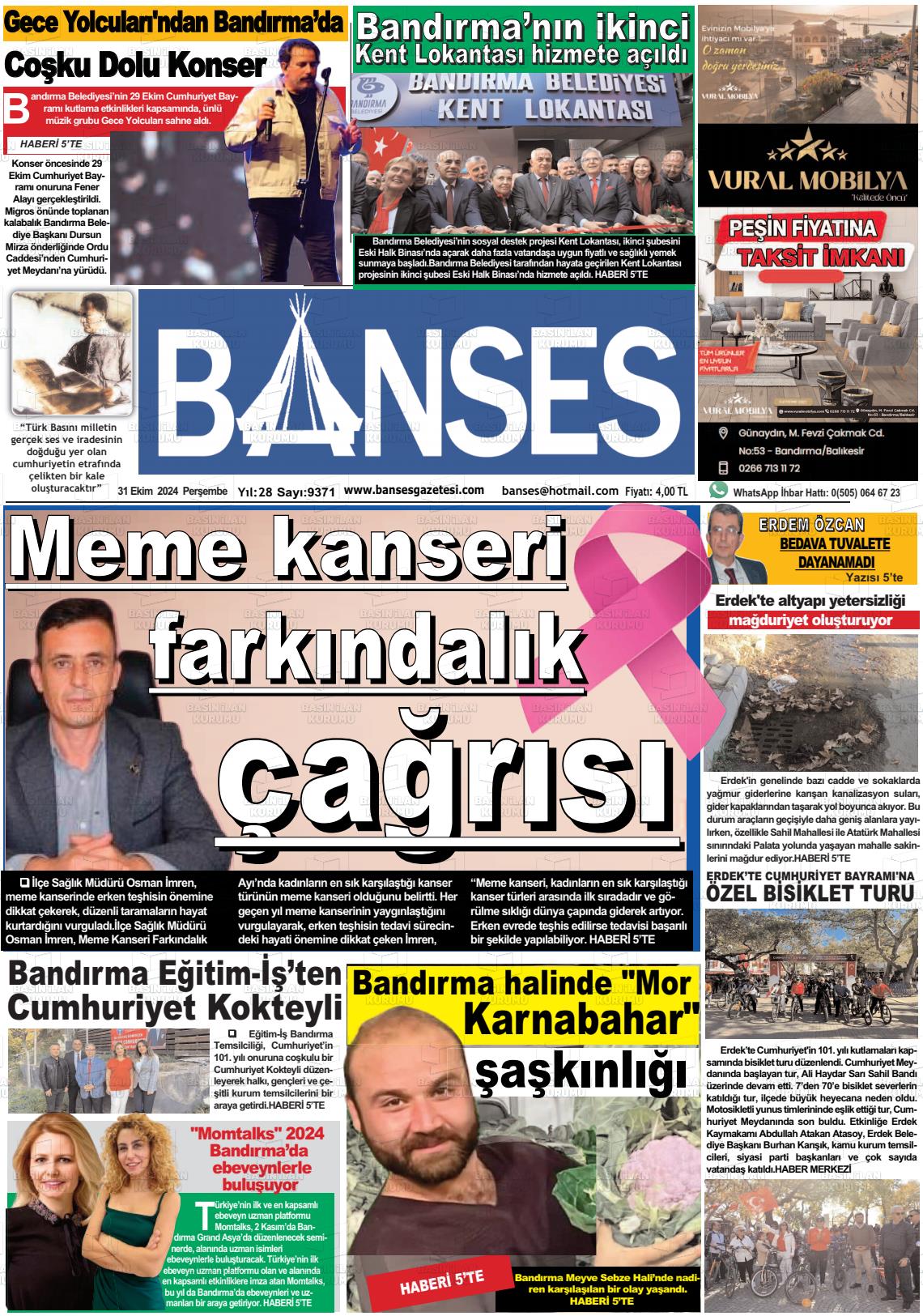 31 Ekim 2024 Banses Gazete Manşeti