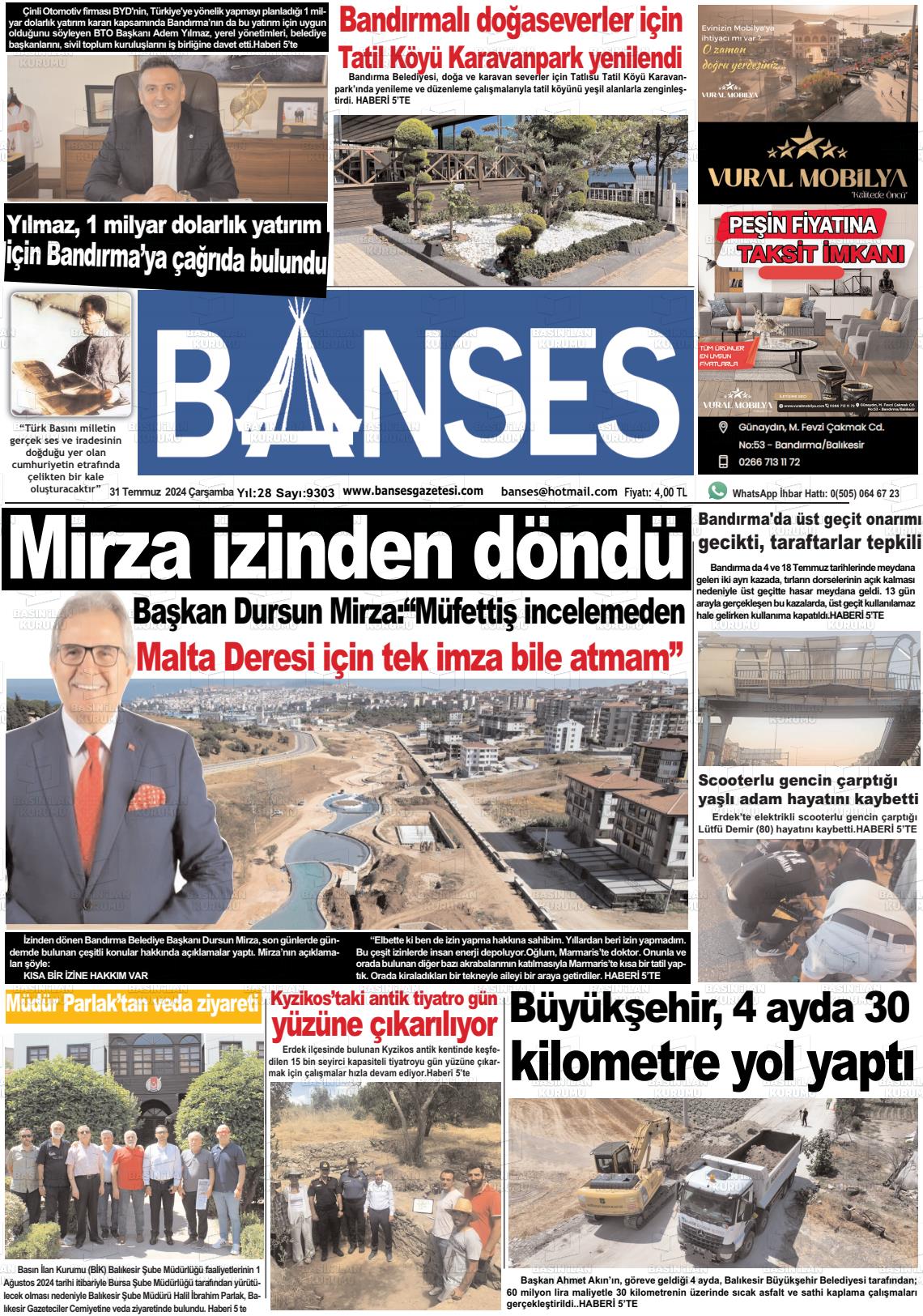 31 Temmuz 2024 Banses Gazete Manşeti