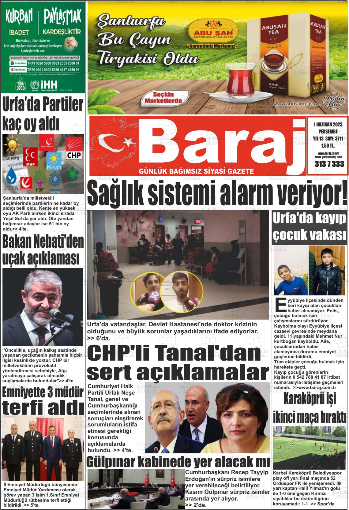 01 Haziran 2023 Baraj Gazete Manşeti