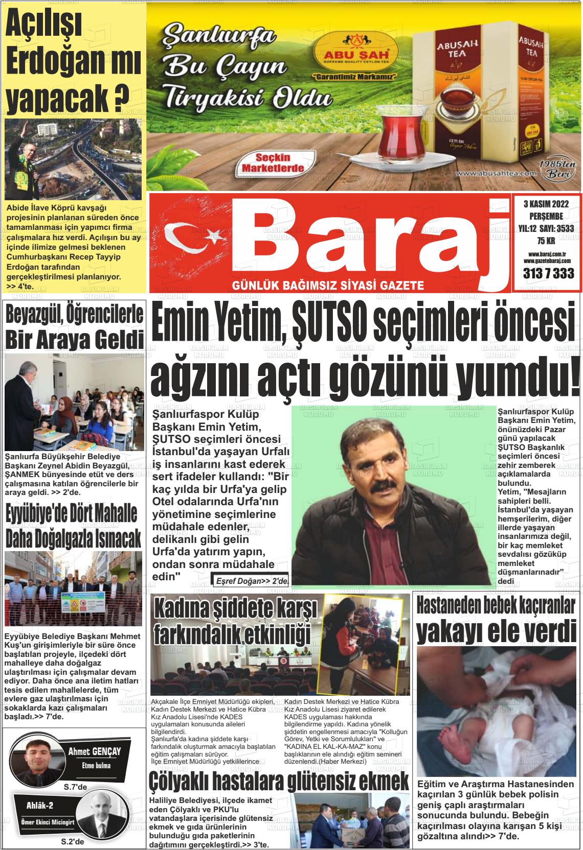 03 Kasım 2022 Baraj Gazete Manşeti