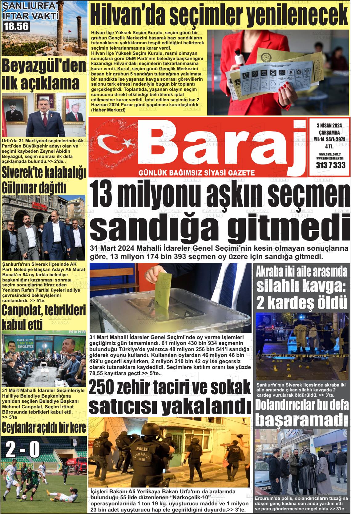 03 Nisan 2024 Baraj Gazete Manşeti