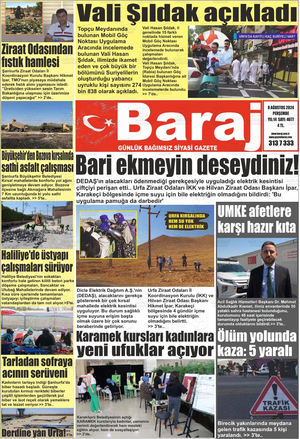 08 Ağustos 2024 Baraj Gazete Manşeti