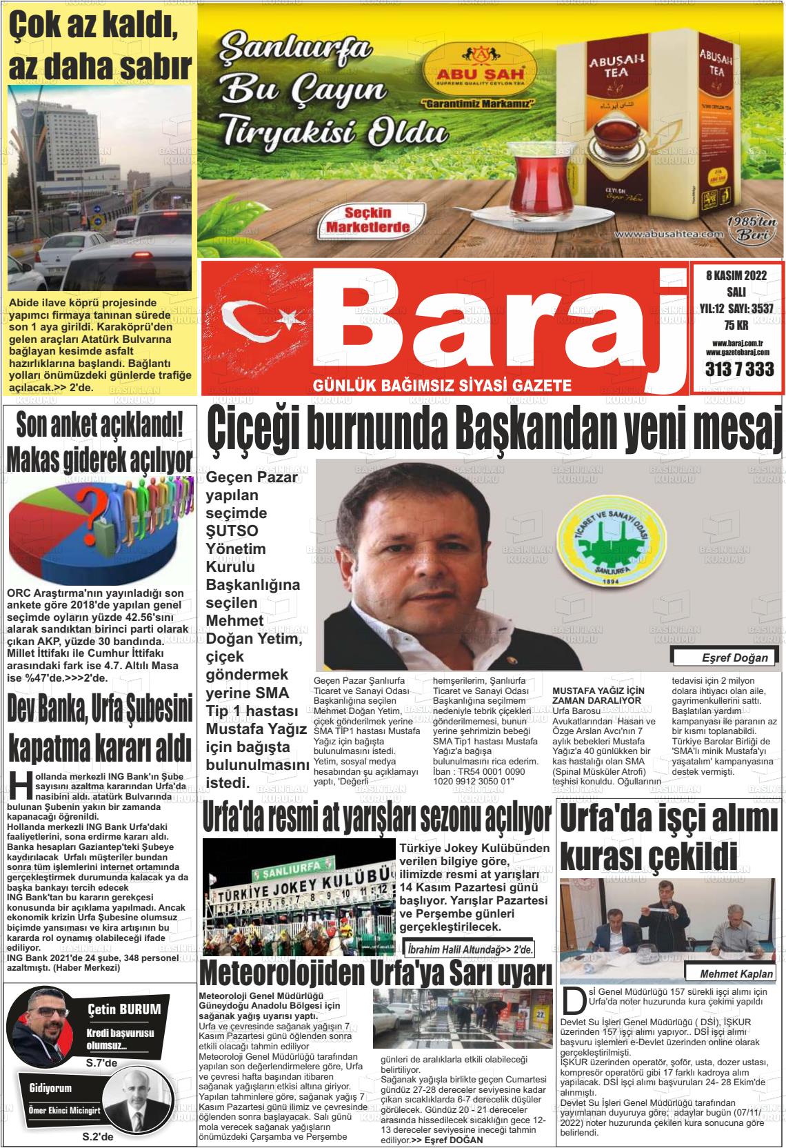 08 Kasım 2022 Baraj Gazete Manşeti