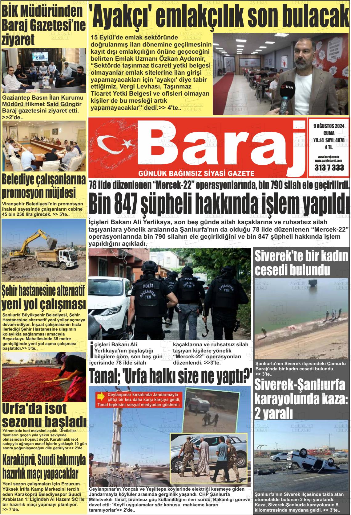 09 Ağustos 2024 Baraj Gazete Manşeti