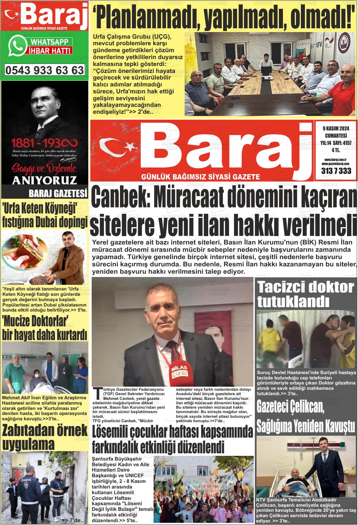 09 Kasım 2024 Baraj Gazete Manşeti