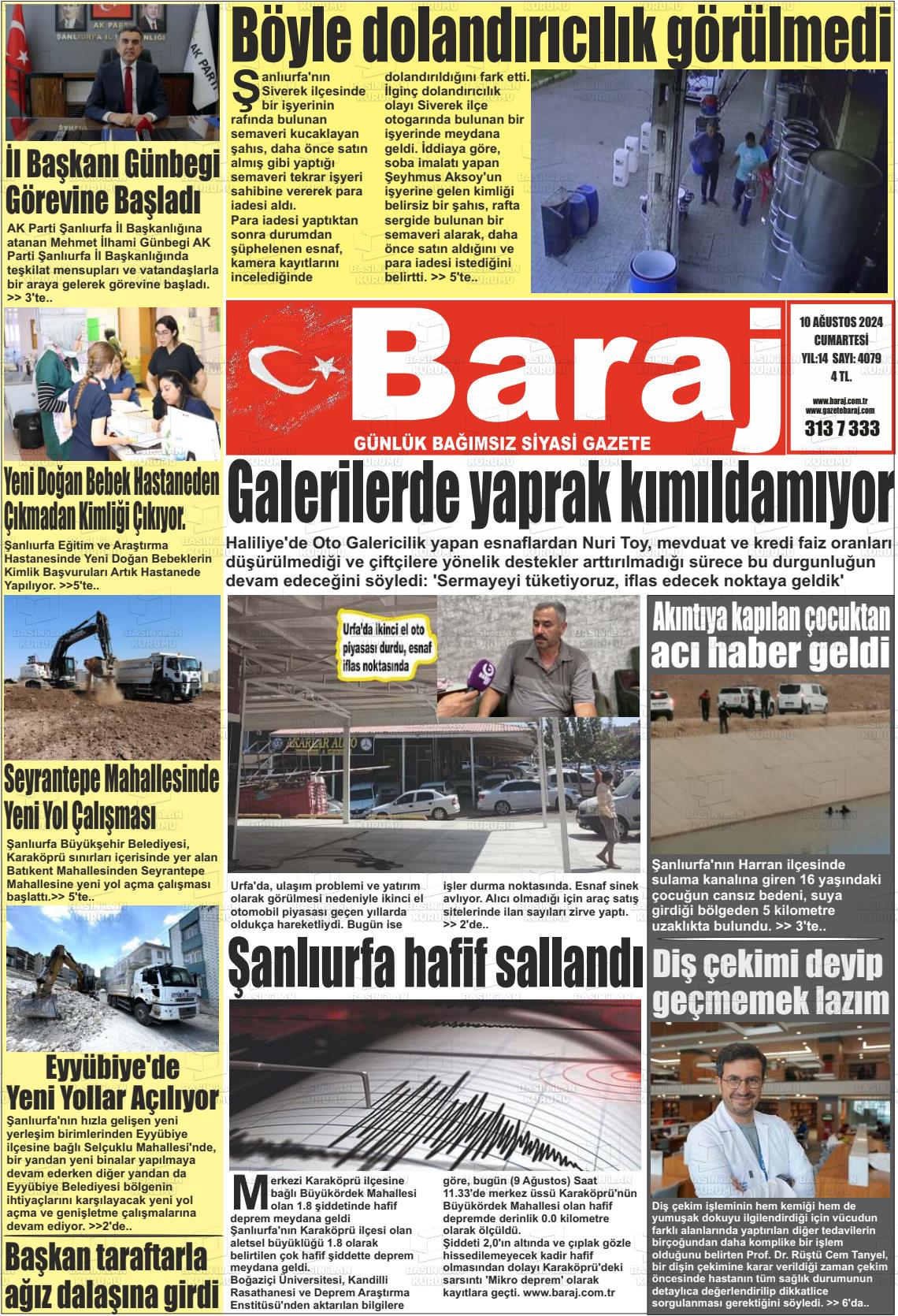 10 Ağustos 2024 Baraj Gazete Manşeti