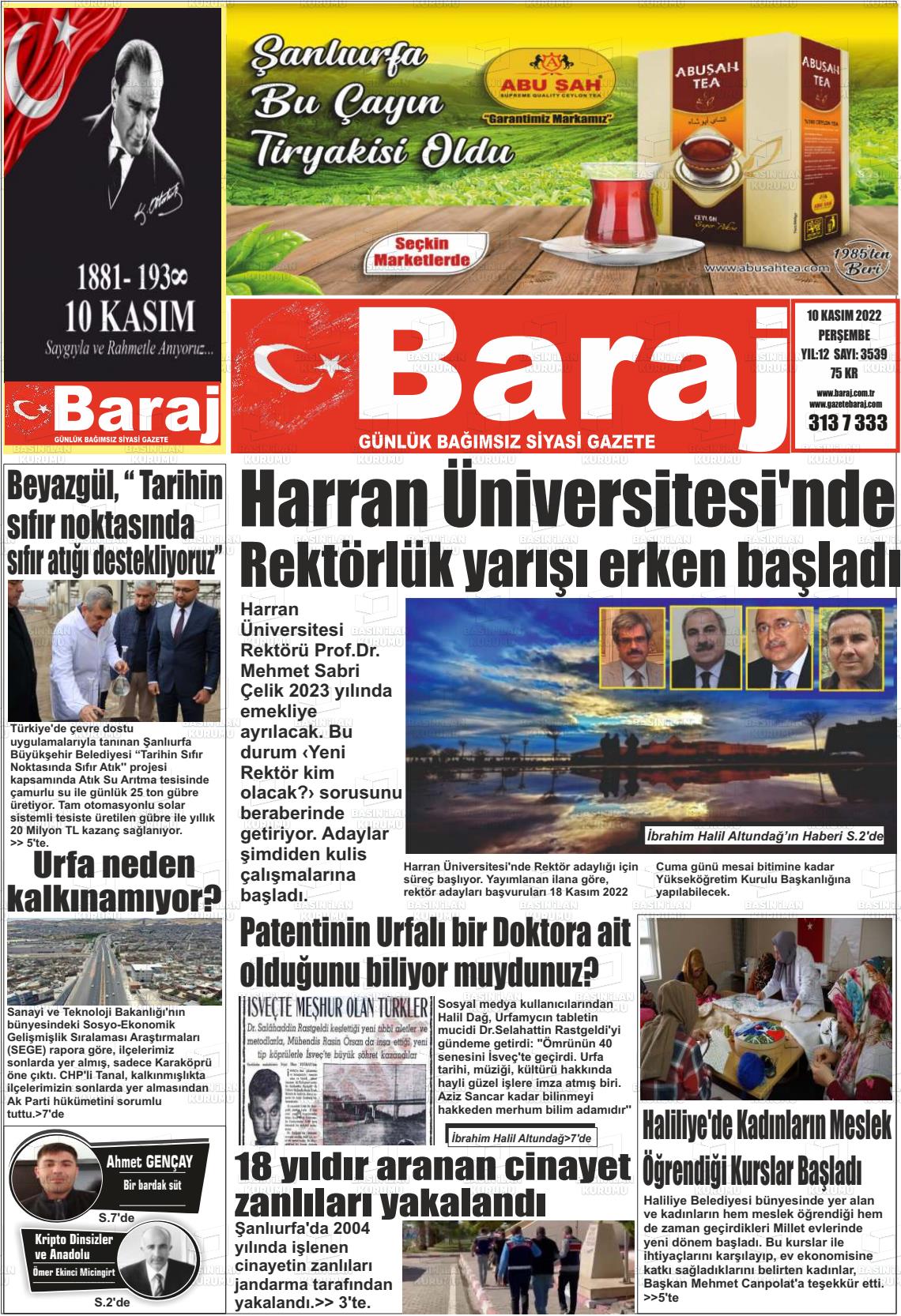 10 Kasım 2022 Baraj Gazete Manşeti