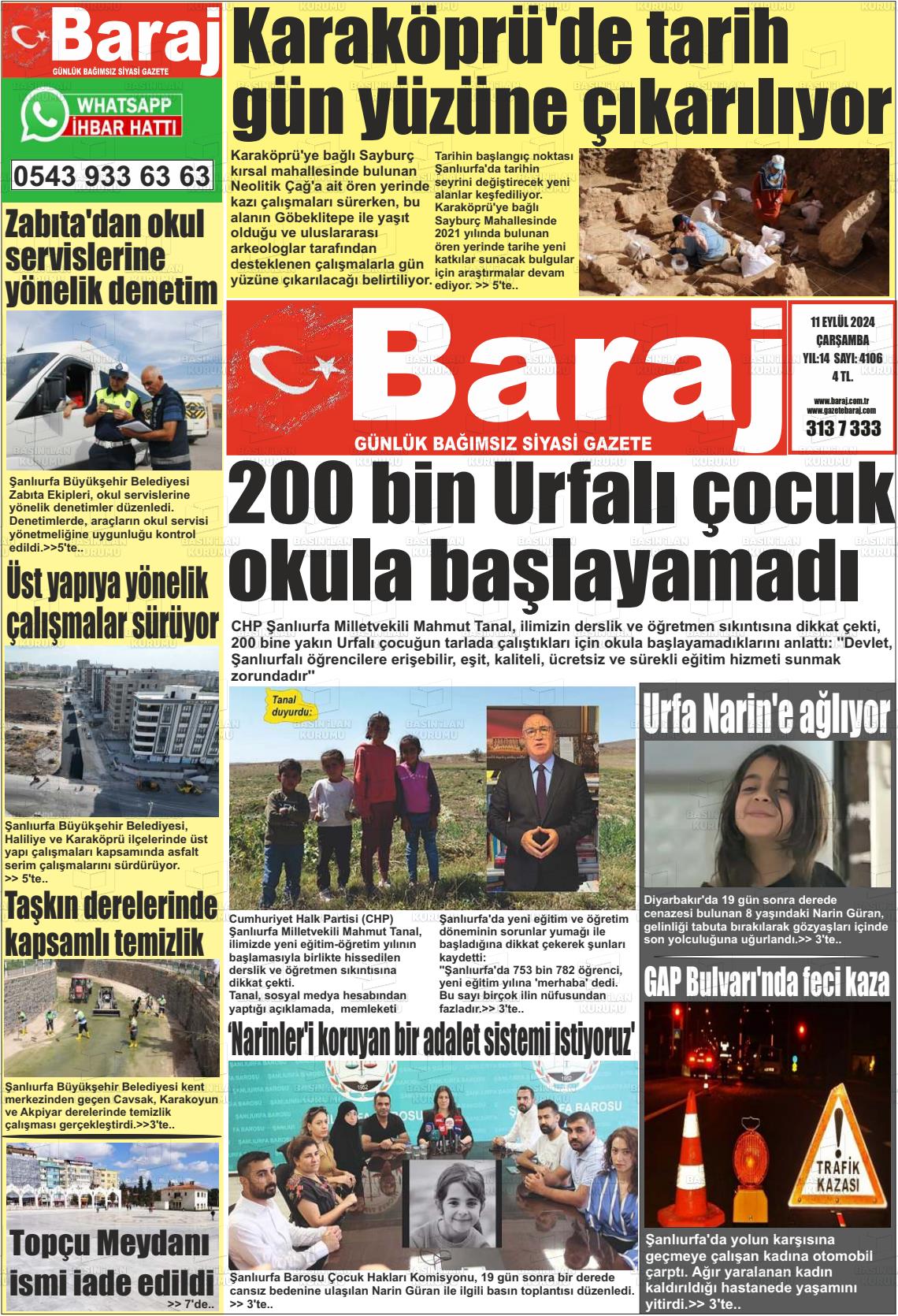 11 Eylül 2024 Baraj Gazete Manşeti