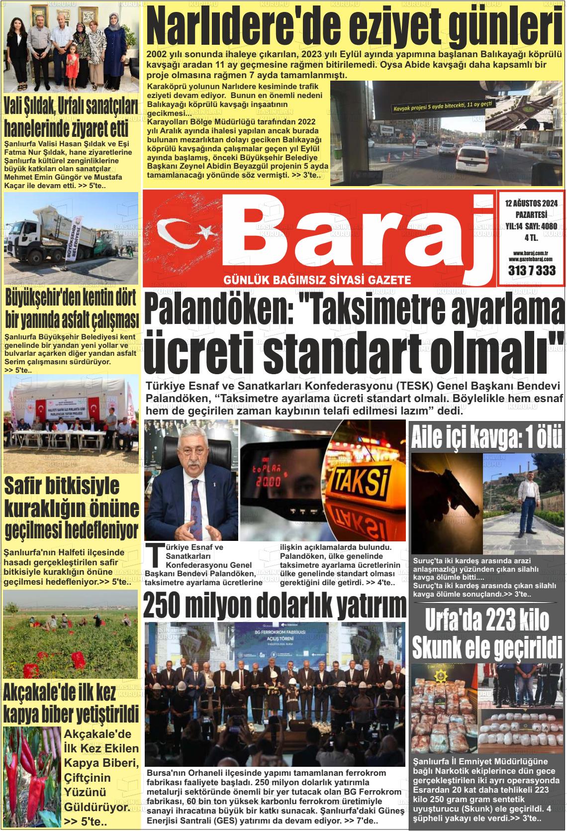 12 Ağustos 2024 Baraj Gazete Manşeti