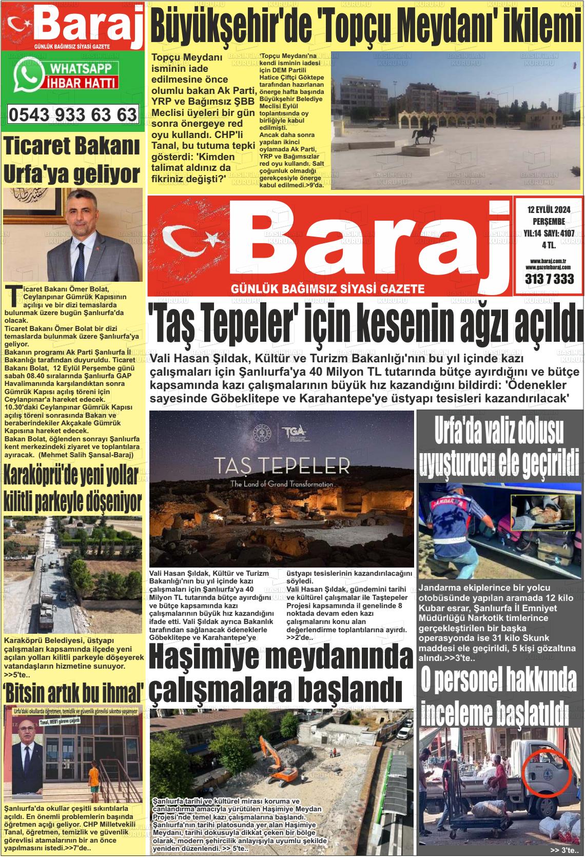 12 Eylül 2024 Baraj Gazete Manşeti