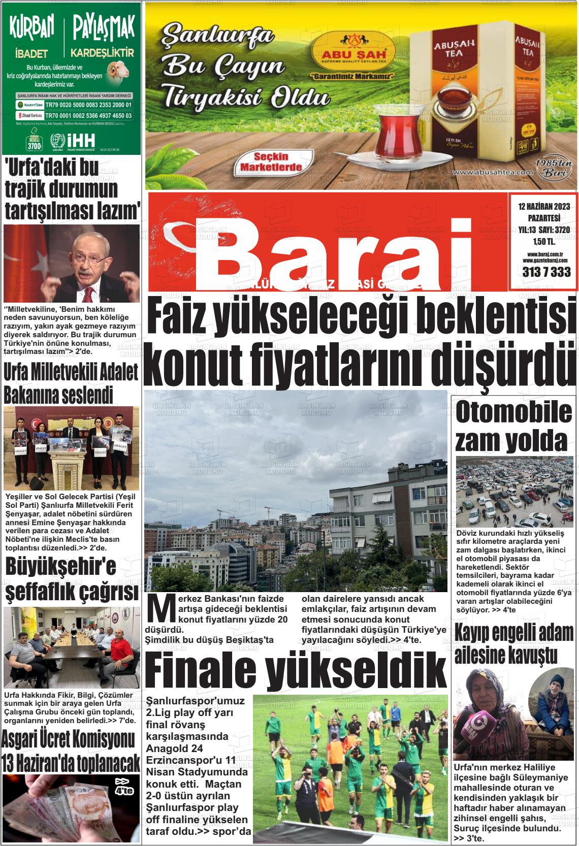 12 Haziran 2023 Baraj Gazete Manşeti