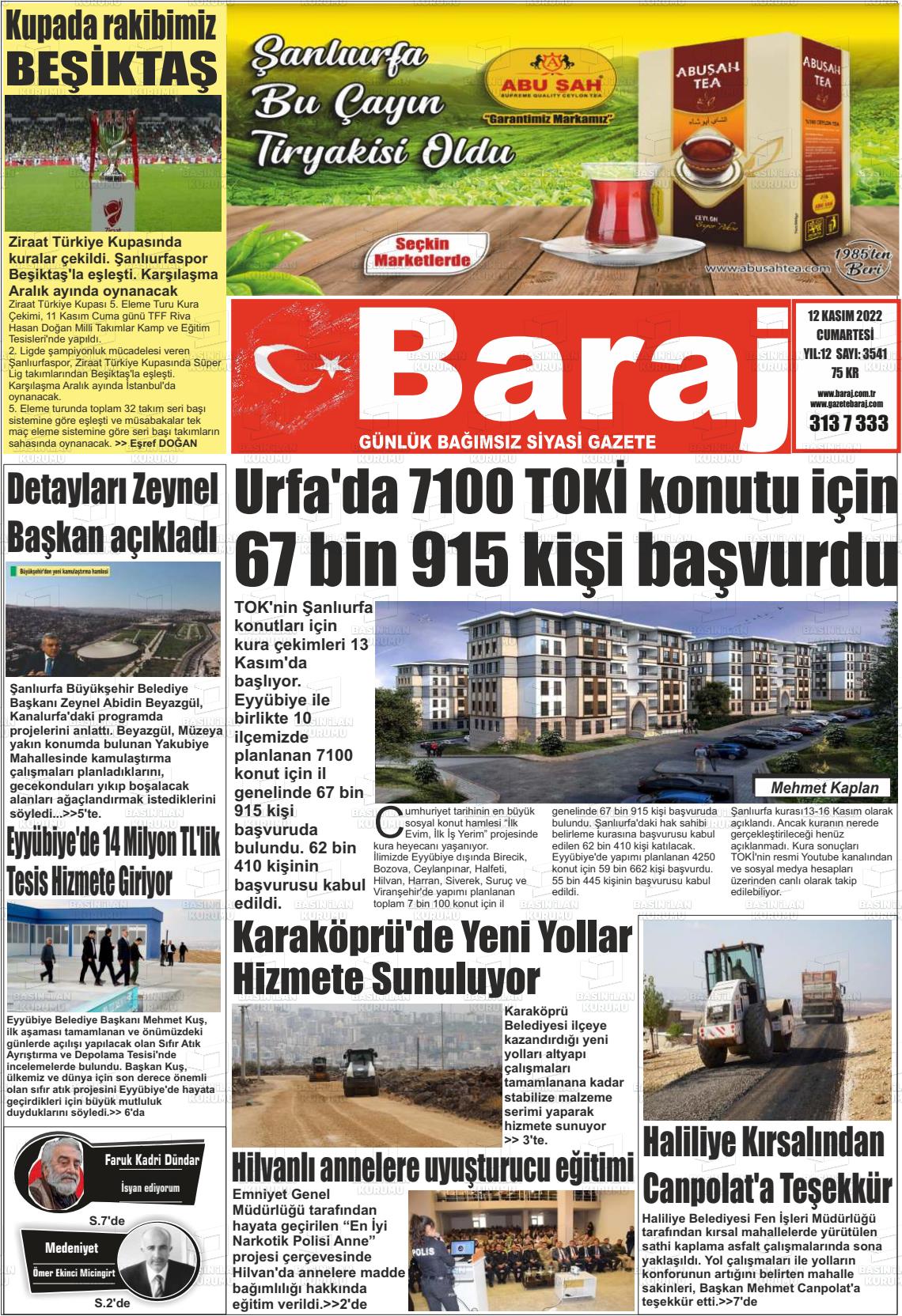 12 Kasım 2022 Baraj Gazete Manşeti