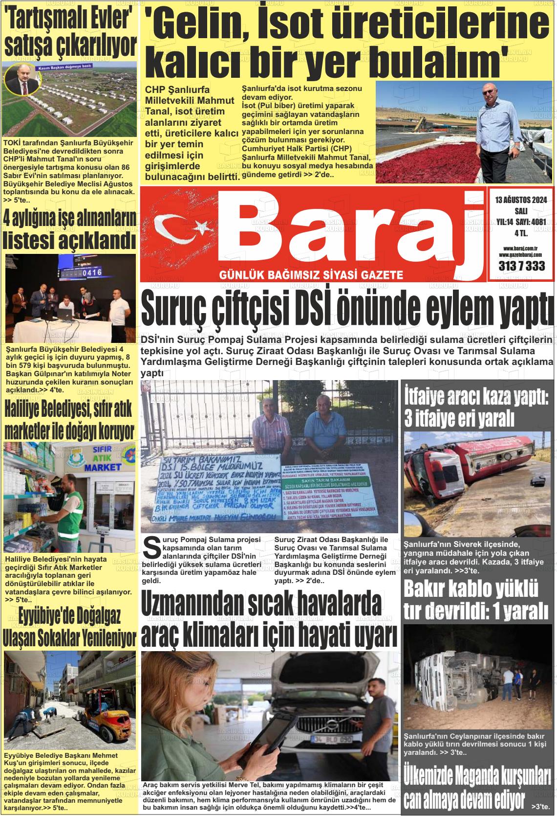 13 Ağustos 2024 Baraj Gazete Manşeti