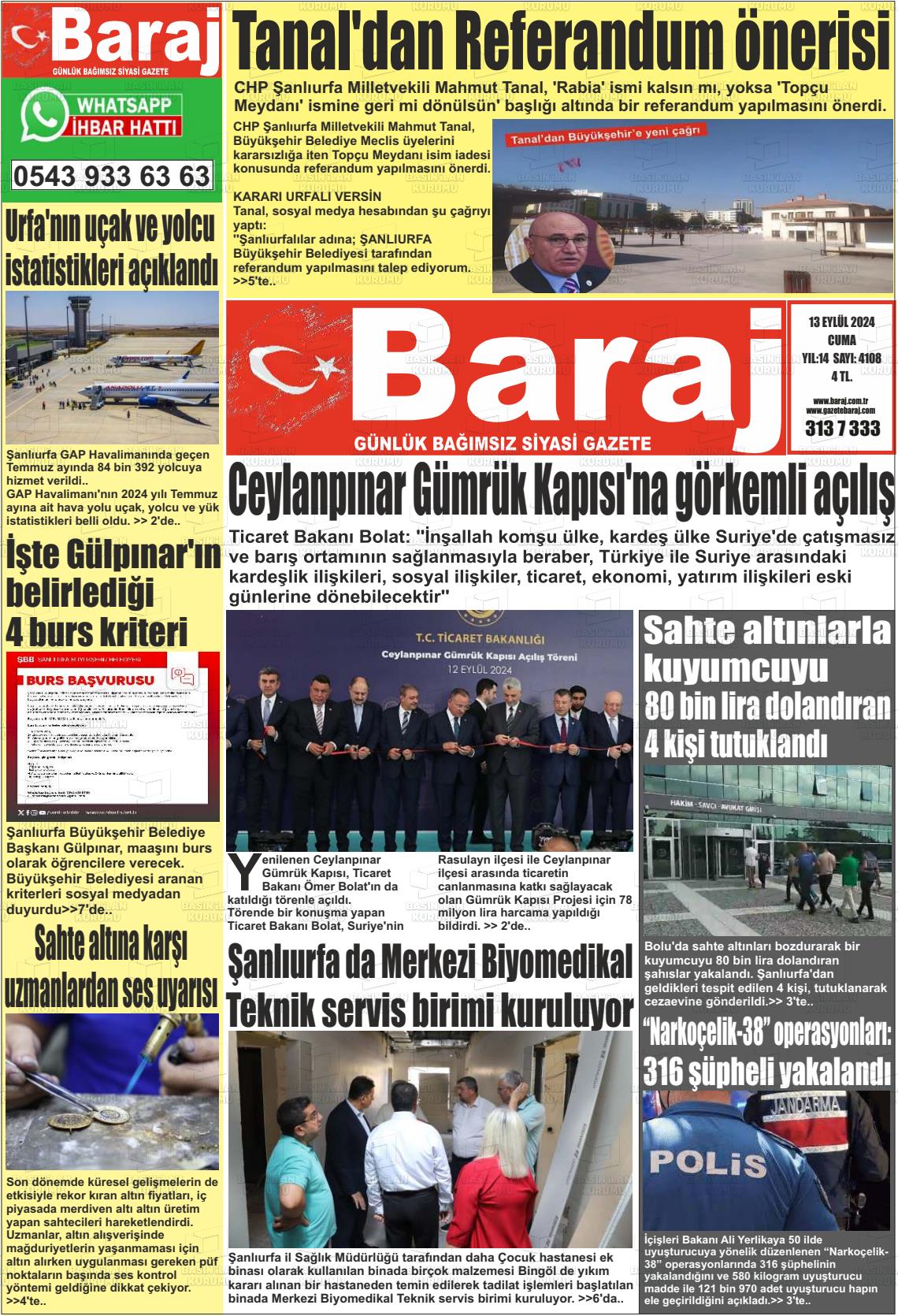 13 Eylül 2024 Baraj Gazete Manşeti