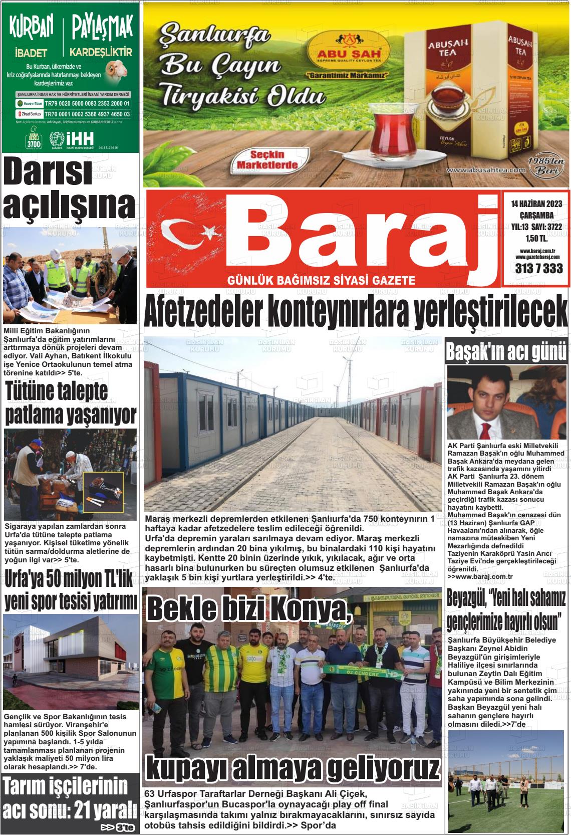 14 Haziran 2023 Baraj Gazete Manşeti