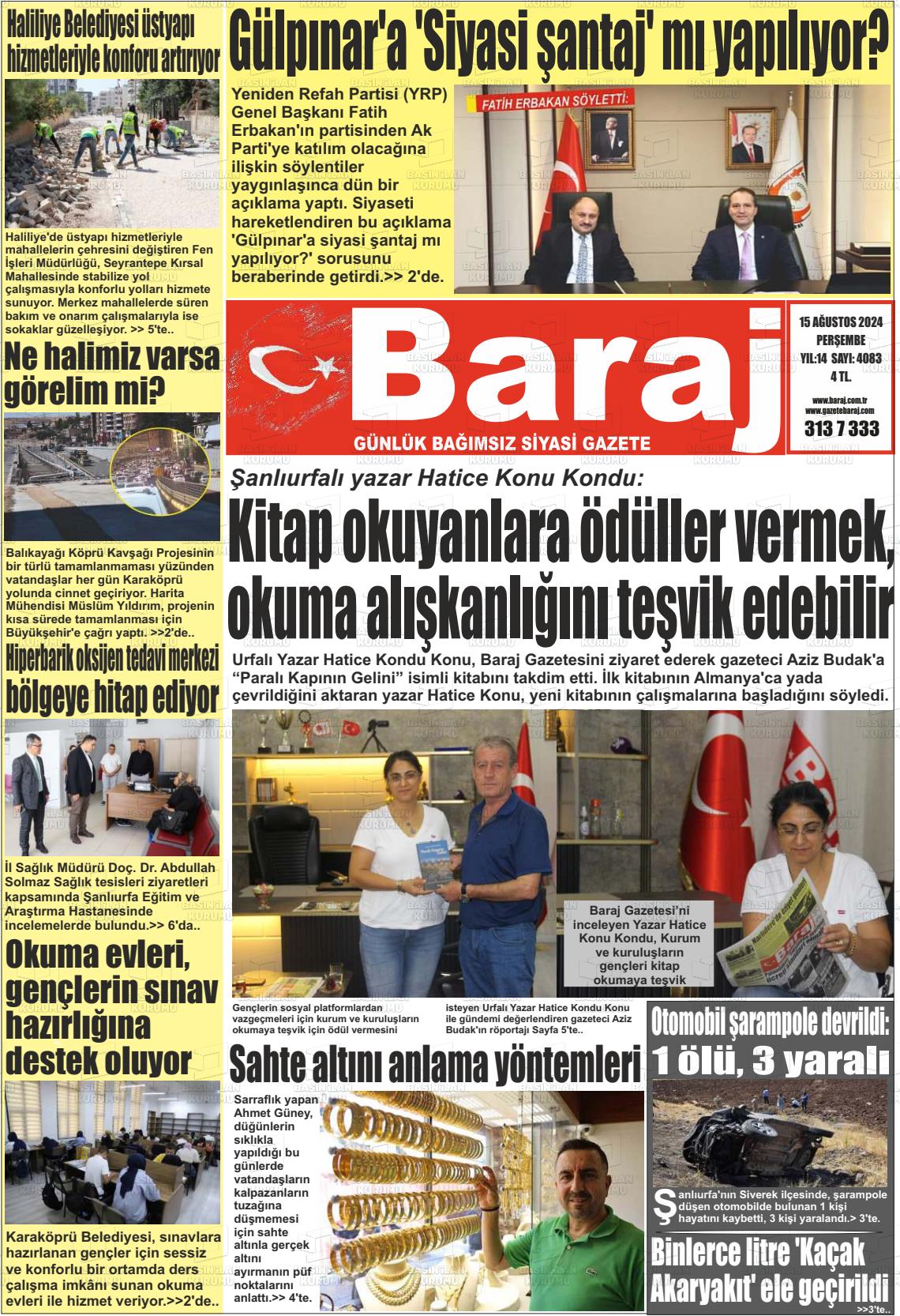 15 Ağustos 2024 Baraj Gazete Manşeti