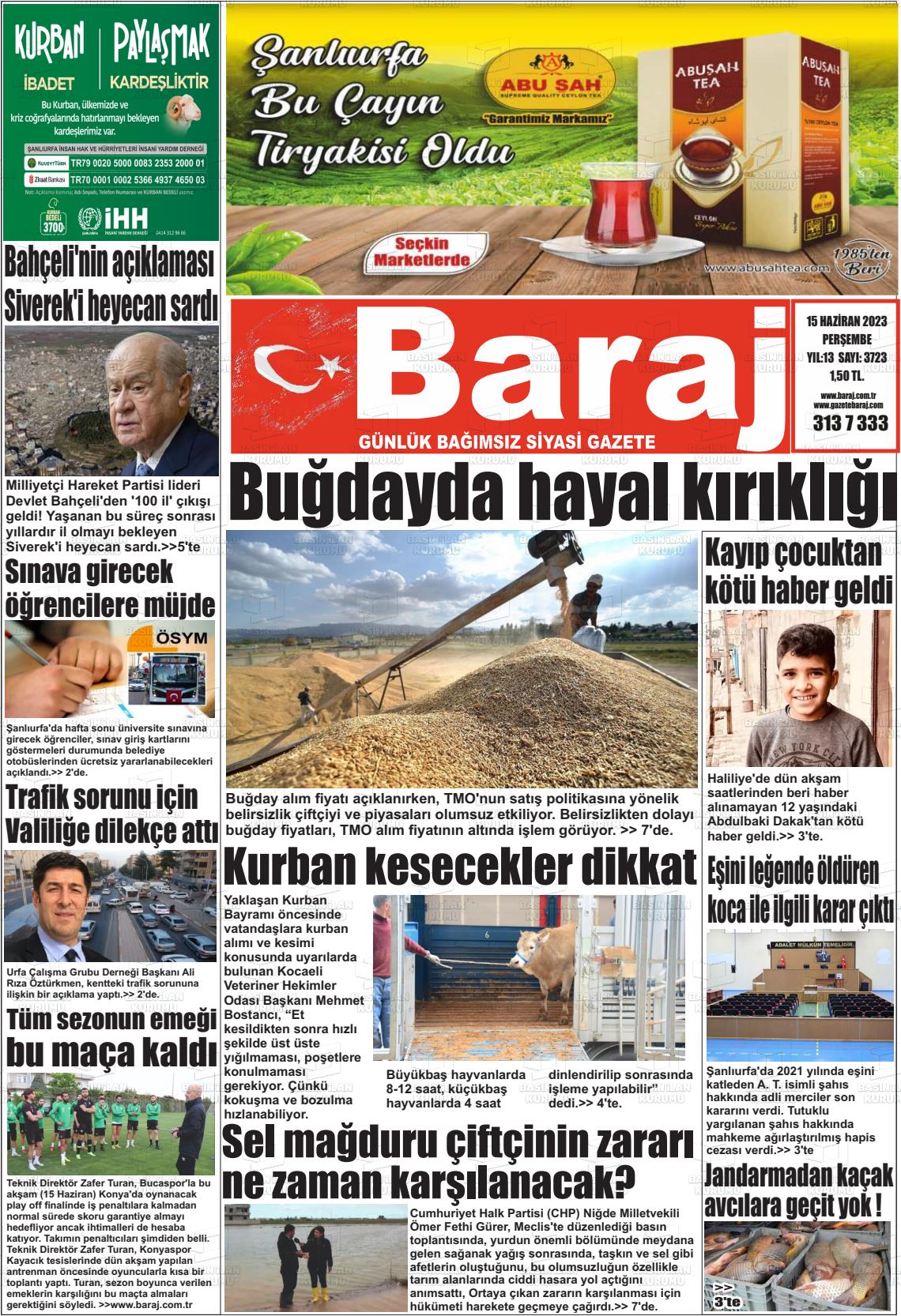 15 Haziran 2023 Baraj Gazete Manşeti