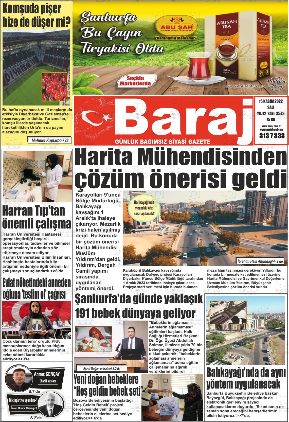 15 Kasım 2022 Baraj Gazete Manşeti