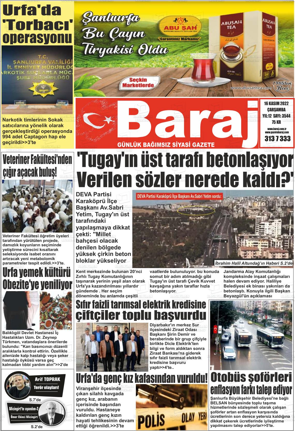 16 Kasım 2022 Baraj Gazete Manşeti