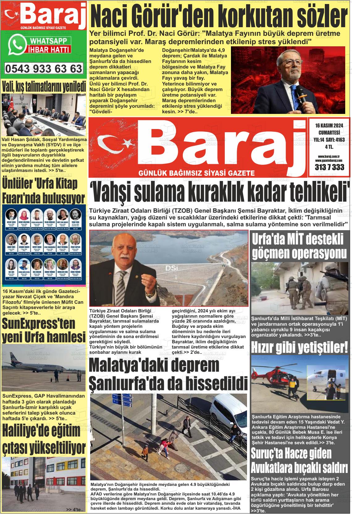 16 Kasım 2024 Baraj Gazete Manşeti