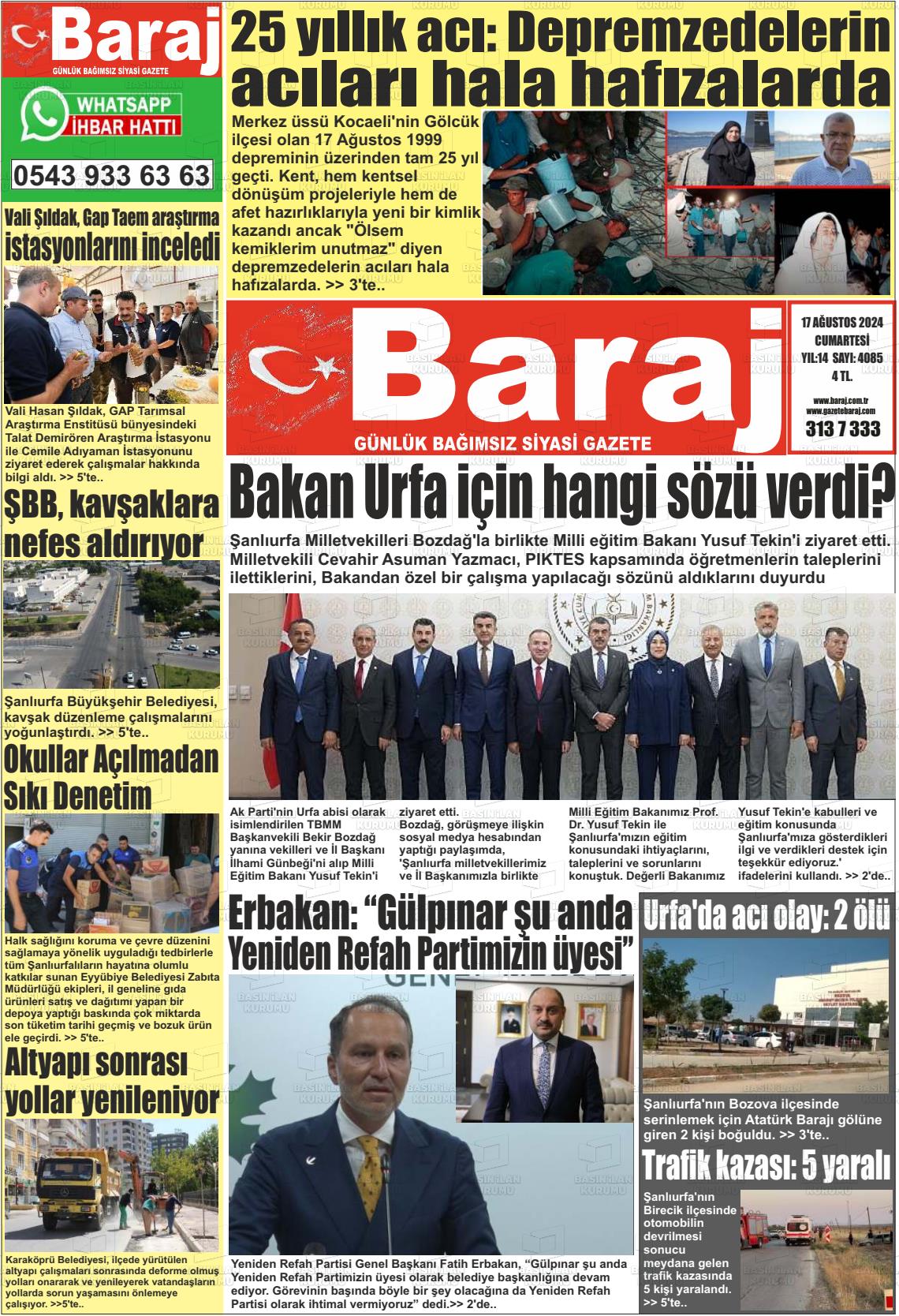 17 Ağustos 2024 Baraj Gazete Manşeti