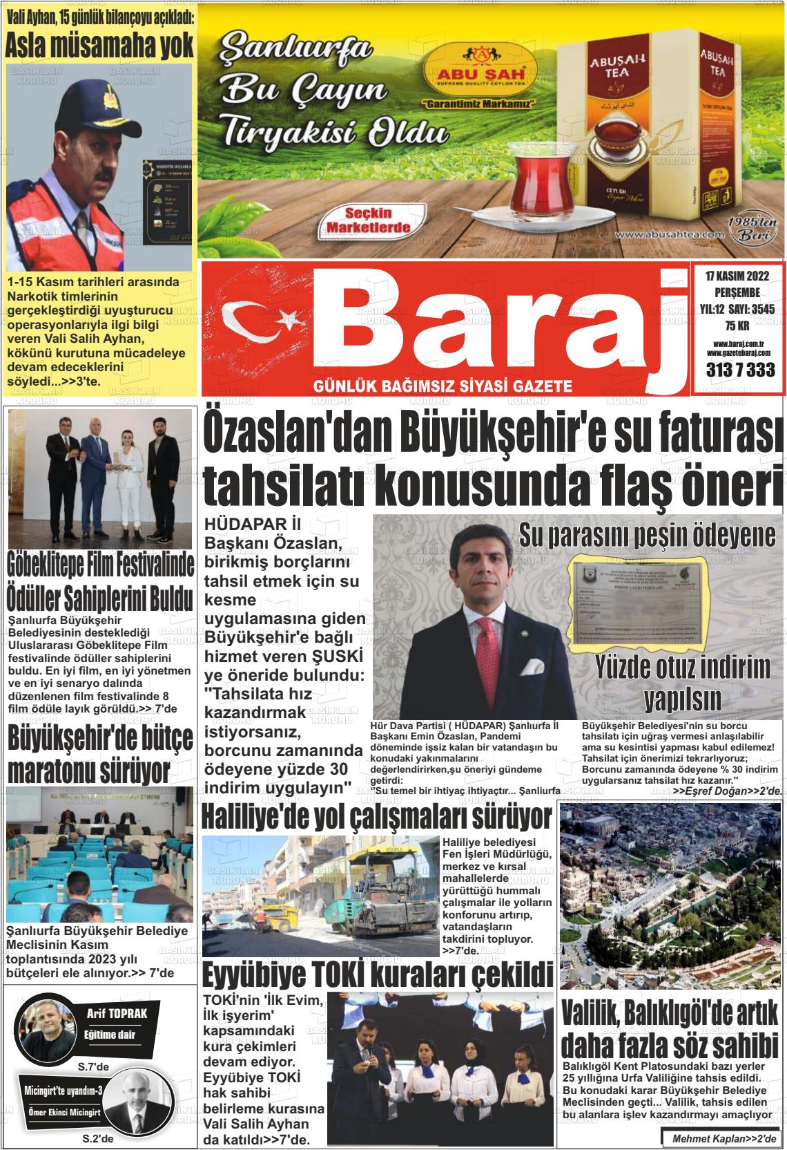 17 Kasım 2022 Baraj Gazete Manşeti