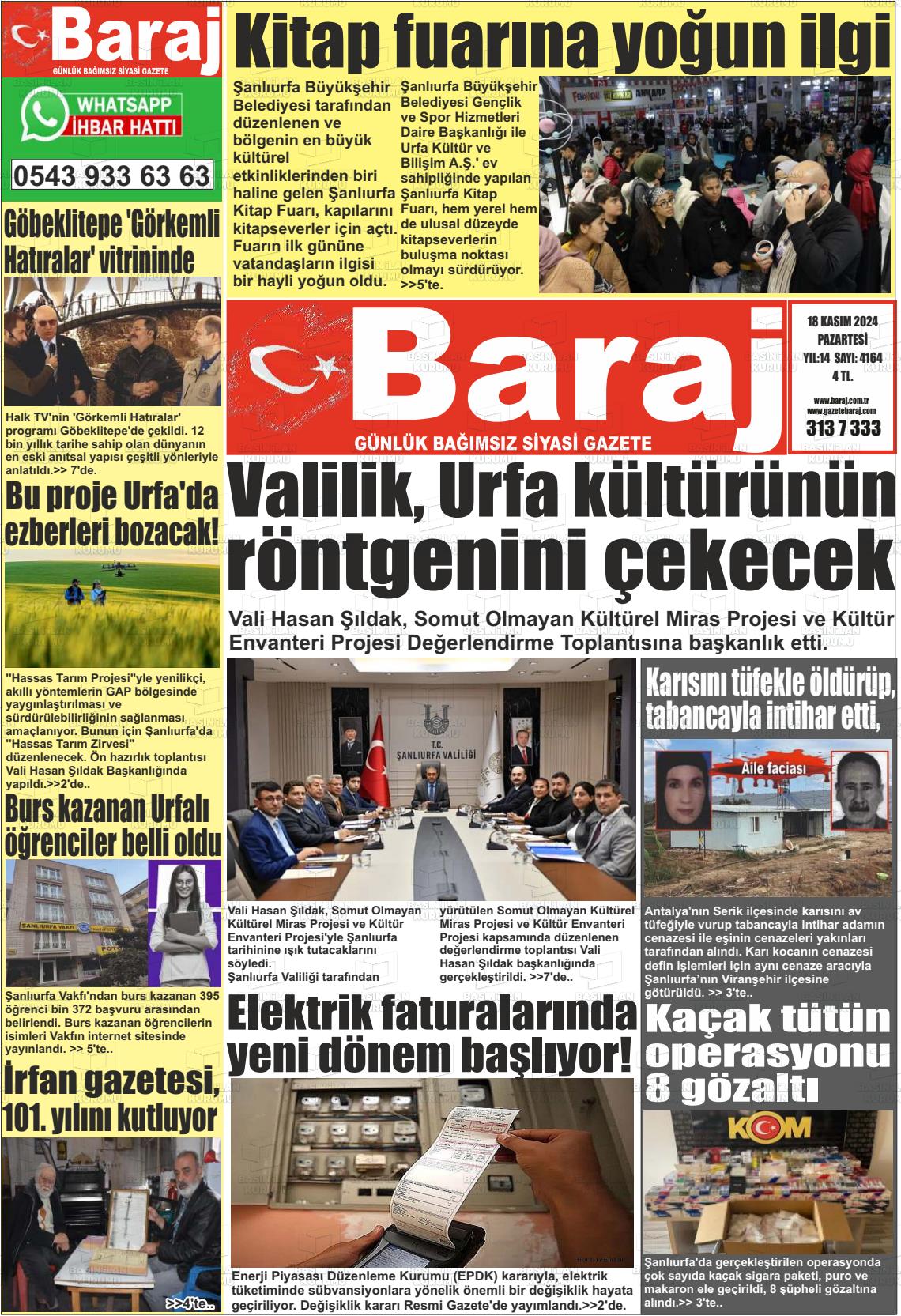 18 Kasım 2024 Baraj Gazete Manşeti